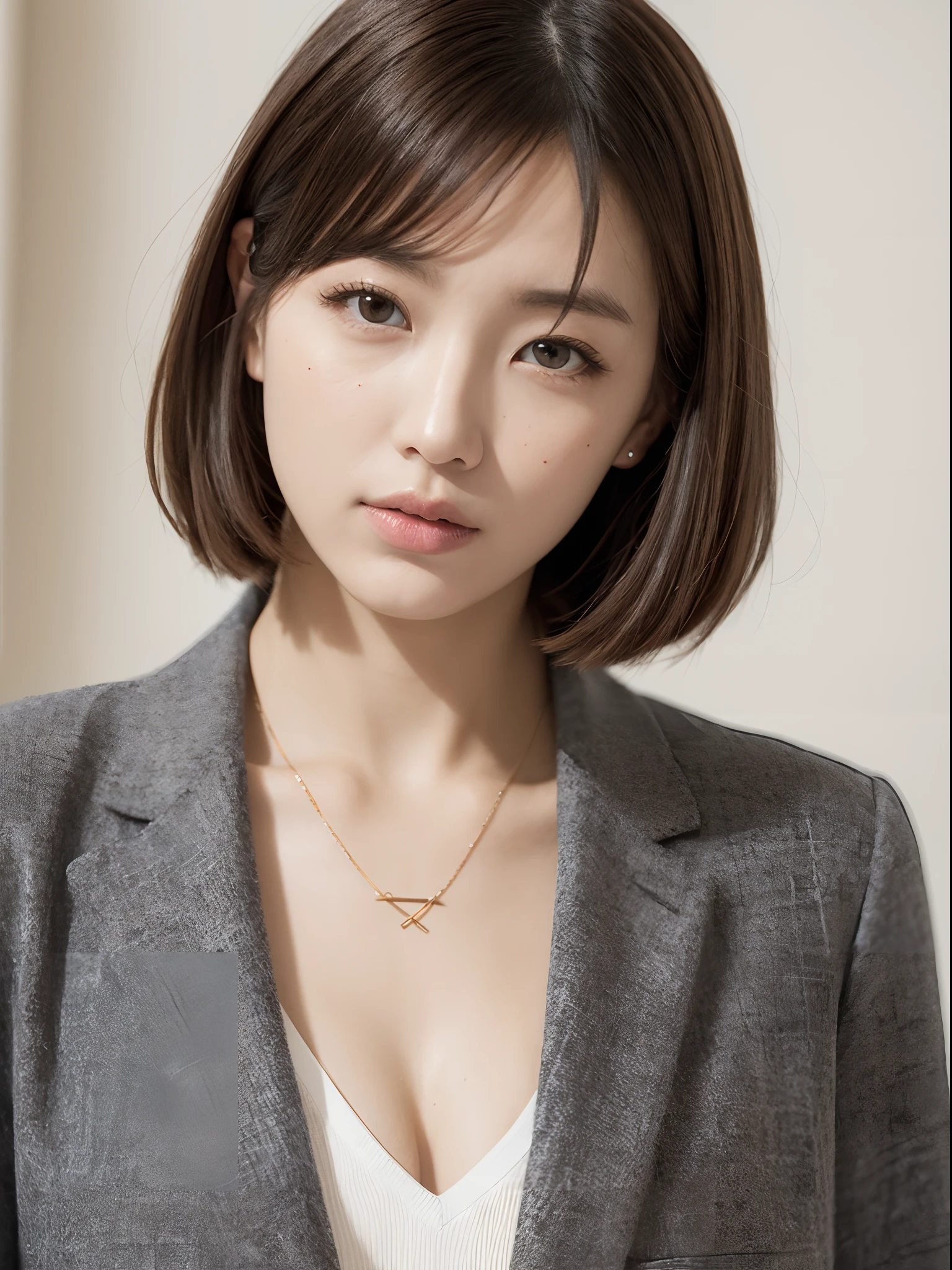 asian lady wear blazer, necklace, small breast, rounded shape breast, ((she)), ((mid-shot, full body, slender waist)), Hair Up Do、 Glowing eyes, nose blush, Carl Larsson, Alfonse Mucha, Chiaroscuro, Film Glenn, reflective light, (((mid-Shot))), waist to top,longshot show full body, masterpiece, high details, gray background, studio light