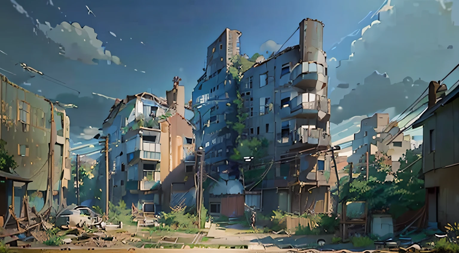 Very cozy little place, surrealism, (Makoto Shinkai anime: 0.4), dilapidated old houses on city streets, home wiring, outdoors, sky, clouds, daytime, landscapes, trees, blue sky, buildings, signs, wires, railings, Wide shot, telephone poles, town, wilderness, flowers, a mess of utensils