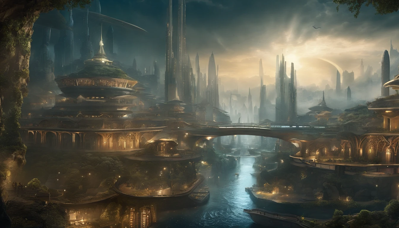 Ultra-wide-angle picture,24th century,The underwater city of the future,fansty world,Advanced technology city of the future,highly detailed surreal vfx,China ink painting,water ink,ink,Smudge,downpours,Get wet,water,Jets of water surround you,Resistant to gravity water jets,Spiral,China-style,Faraway view,super-fine,ultra - detailed,high qulity,8K ,oc rendered,dynamic viewing angle