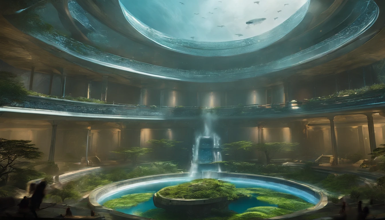 Ultra-wide-angle picture,24th century,The underwater city of the future,fansty world,Advanced technology city of the future,Oval building,highly detailed surreal vfx,China ink painting,water ink,ink,Smudge,downpours,Get wet,water,Jets of water surround you,Resistant to gravity water jets,Spiral,China-style,Faraway view,super-fine,ultra - detailed,high qulity,8K ,oc rendered,dynamic viewing angle