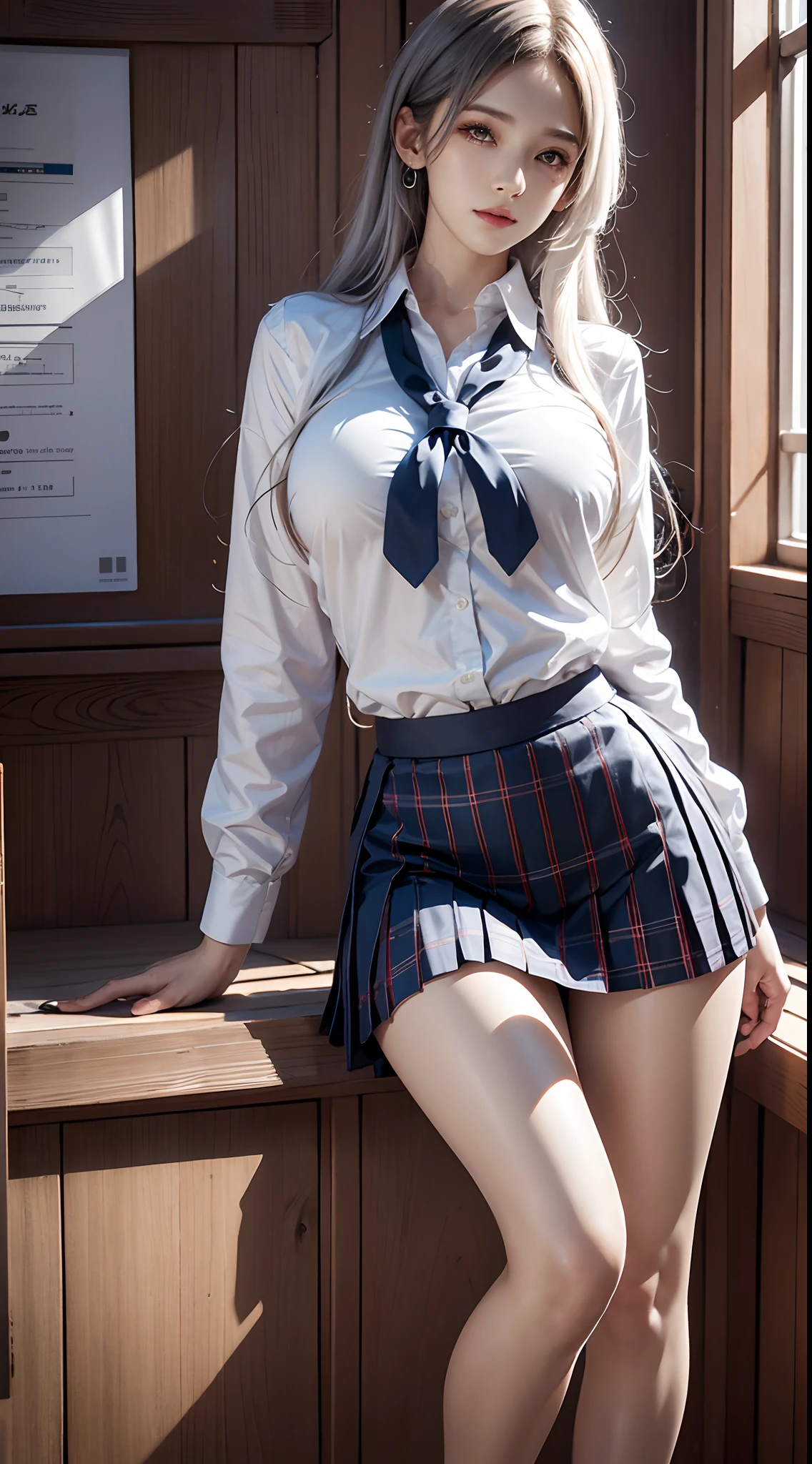 photorealistic, high resolution, soft light, 1women, solo, hips up, shining skin, jewelry, school uniform, white hair, tattoo, shirt, skirt