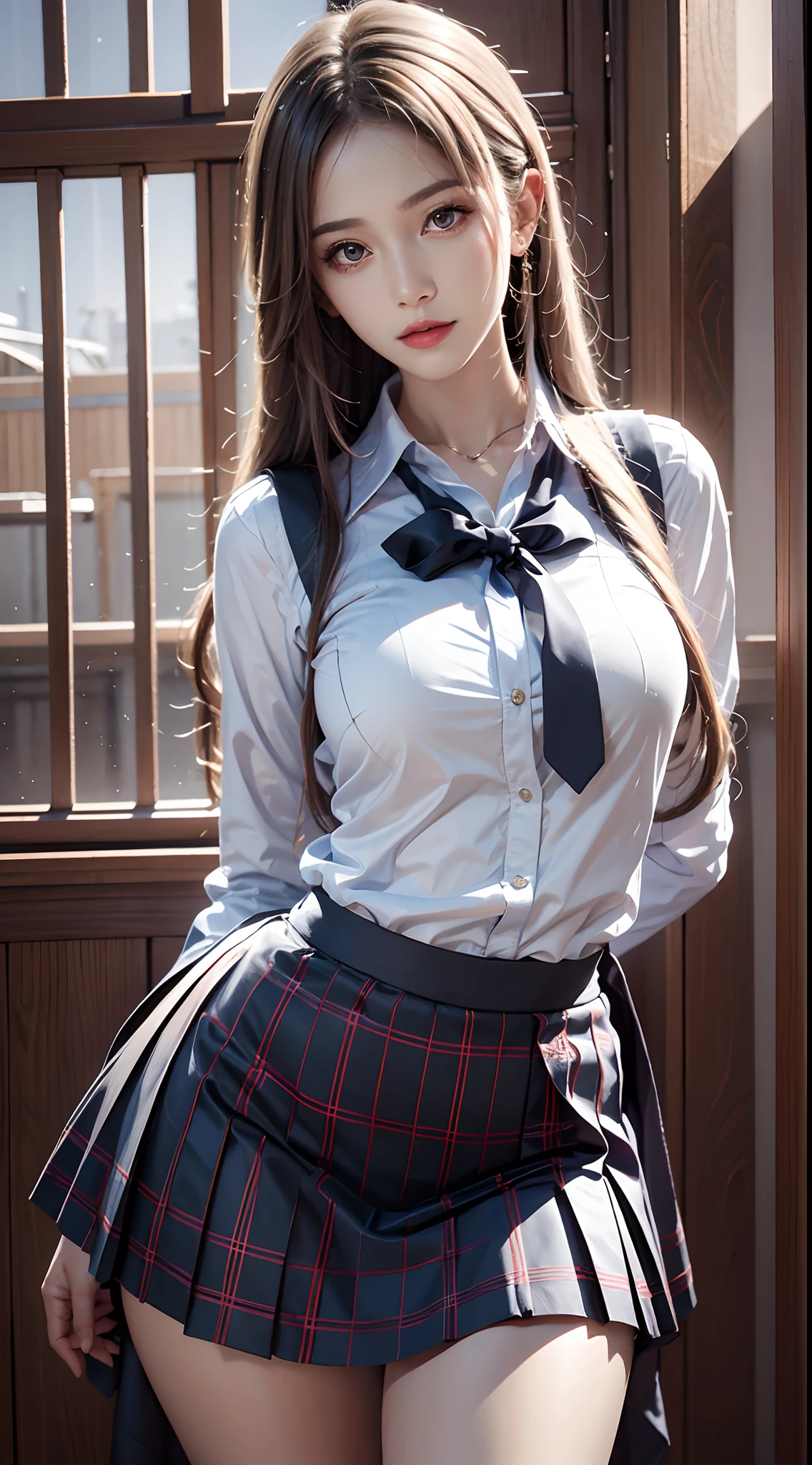 photorealistic, high resolution, soft light, 1women, solo, hips up, shining skin, jewelry, school uniform, white hair, tattoo, shirt, skirt