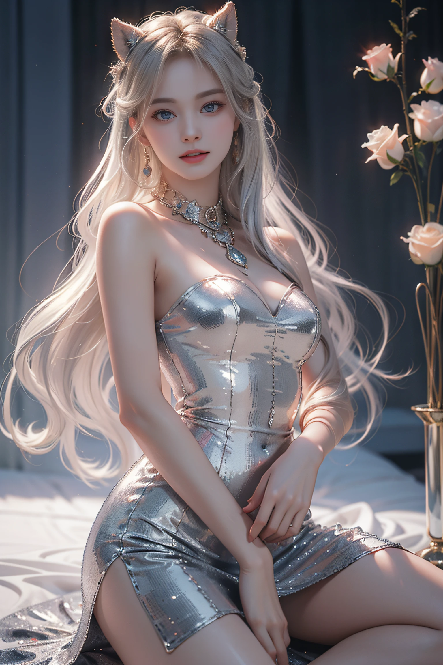 Top quality work，Photorealistic works，Ultra Premium Graphics，8K HD CG works，High-quality graphics，High-definition fine CG works，10x pixel，Ultra-fine details：1.1，Advanced technical details：1.1Photographically realistic，Indoor lighting effects：1.5，Natural light：1.5. light effect（Virtual Light Effects：1.8），超A high resolution，Shiny Blue Dress，Long silver hair，Silver hair，Transparent hair，High Detail Hair（Premium Hair Detail：1.1）Clear eyes，Good looking double eyelids，Sharp eye makeup, Delicate makeup for eyelashes, Thin eyebrows, ultradetailed eyes，High Nose, lovely red lips, Rose cheeks, Face with delicate makeup , Pretty Face, A perfectly proportioned face,（Advanced facial details：1.1）Collection of shiny blue luxury dresses，Blue Sequin Dresses，Sequin coat，shiny，Tight long skirt，Summer Sexy Hip Wrap Fishtail Sleeveless Commuter Maxi，Horse Stockings 100%Oil Gloss Panst Gloss Silk Luster 8D Black Silk Woman，stiletto heels，mitts，Beautiful long dresses，wonderful dress，Bright Red Series，Haute Couture Dresses Collection，Dress Photography，Authentic dress works，In the banquet hall，Women's Artwork，full-body view，Goddess of Dress，真实感，amazing，Today's eyes are bright