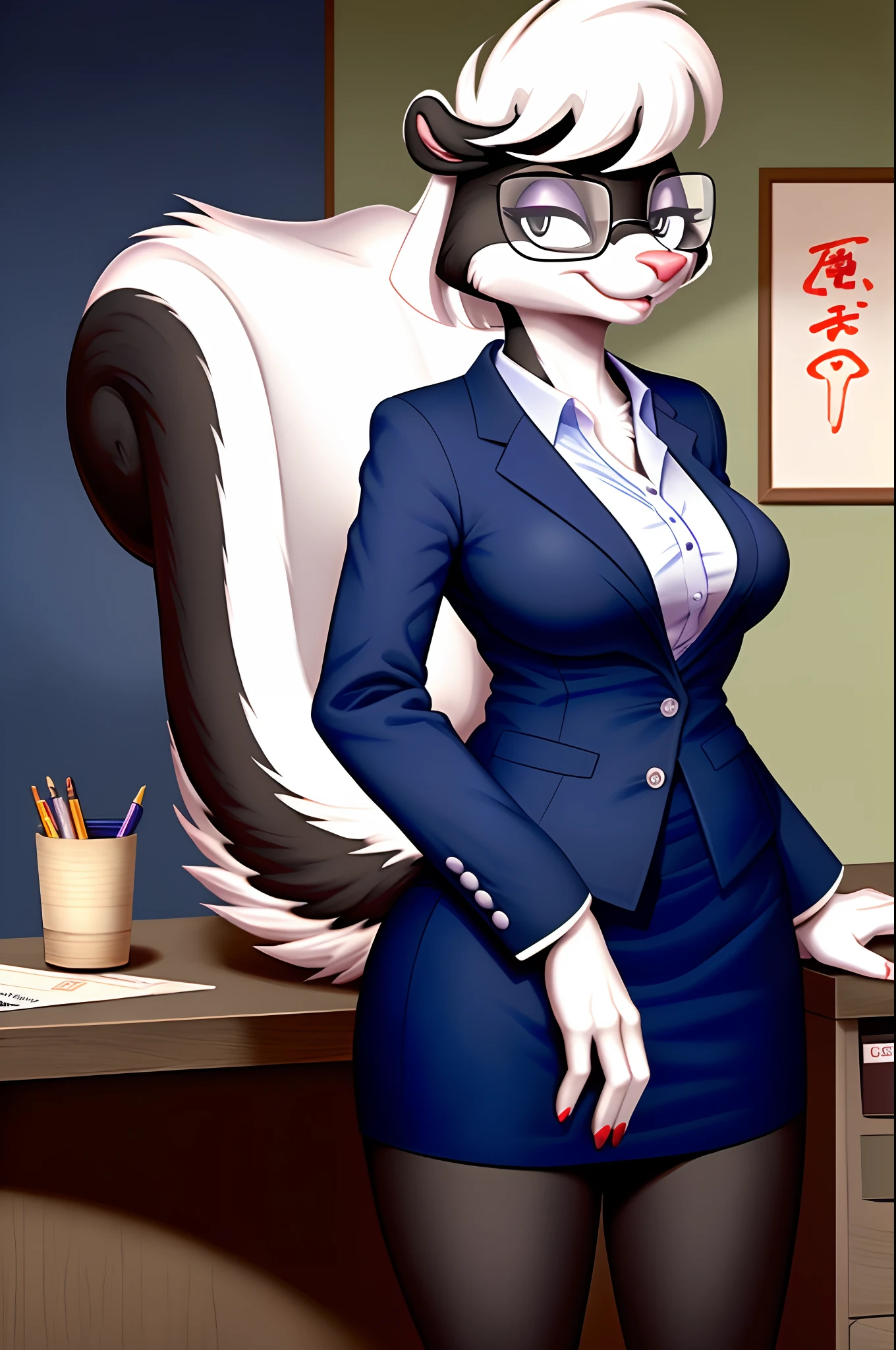 sabrina, uploaded to e621, female,  anthro, skunk girl, tail, black eyes, glasses, (japanese woodprint ukiyo-e style:1.2), medium breasts, (office lady, business suit skirt:1.1), detailed female face, detailed eyes, office, solo, detailed fluffy fur, (high detail) (airbrush:1.1), detailed expressive eyes, standing,