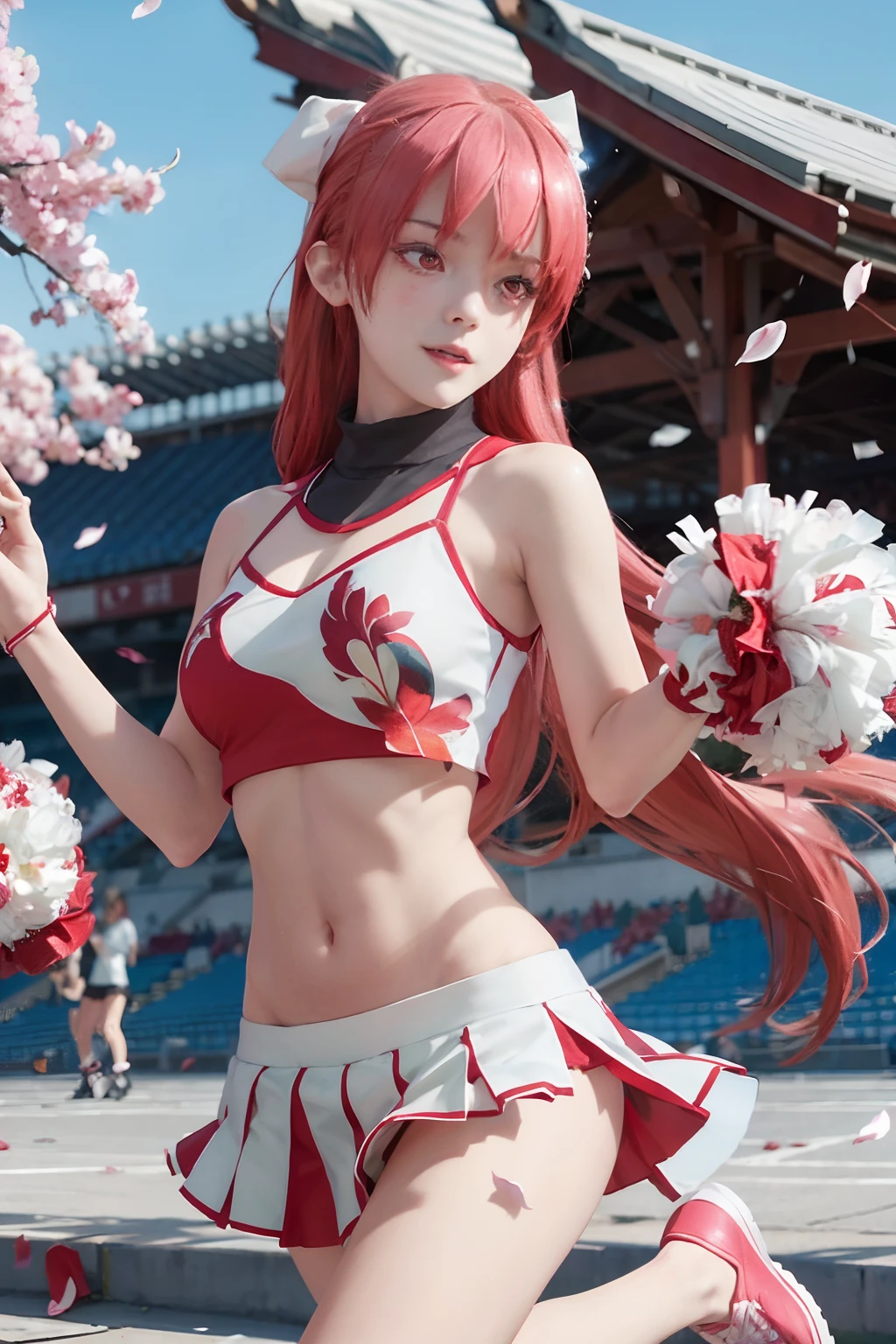 confetti, petals, falling petals, rose petals, cheerleader, 1girl, skirt, breasts, falling leaves, cherry blossoms, long hair, wind, day, cleavage, solo, navel, pom pom \(cheerleading\), smile, outdoors, leaves in wind, looking at viewer, pleated skirt, red eyes, blush, sleeveless, debris, cloud, sky, blue sky, red hair, bare shoulders, petals on liquid, midriff, stadium, hair between eyes, sleeveless shirt, medium breasts, shoes, wind lift, crop top, standing, shirt, leaf, clothes writing, bangs, leg up, white skirt