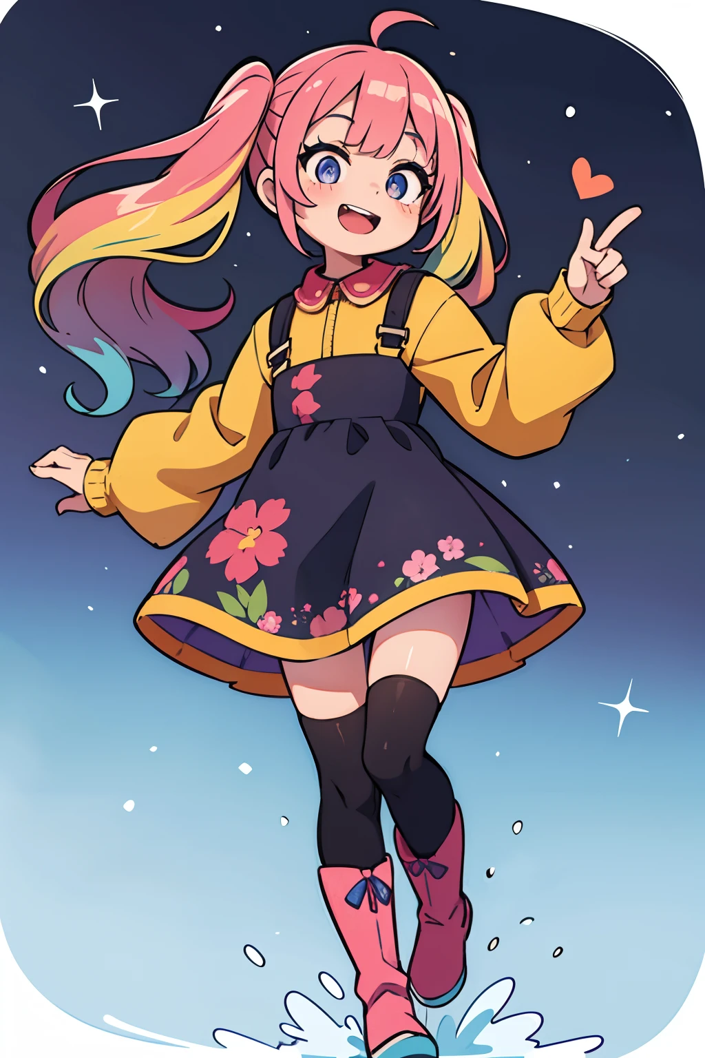 Stand in front of the photo、1girl in,Full body,a short bob, But long pigtails, rainbow color Hair,long boots,Open mouth and big smile、kawaii pose、Flowing iridescent silk、long-sleeve、Black tights、up of face、Eye Up、Colorcon with heart pattern、Floral dress、snowscape、season!!: Winters☀ 🍂