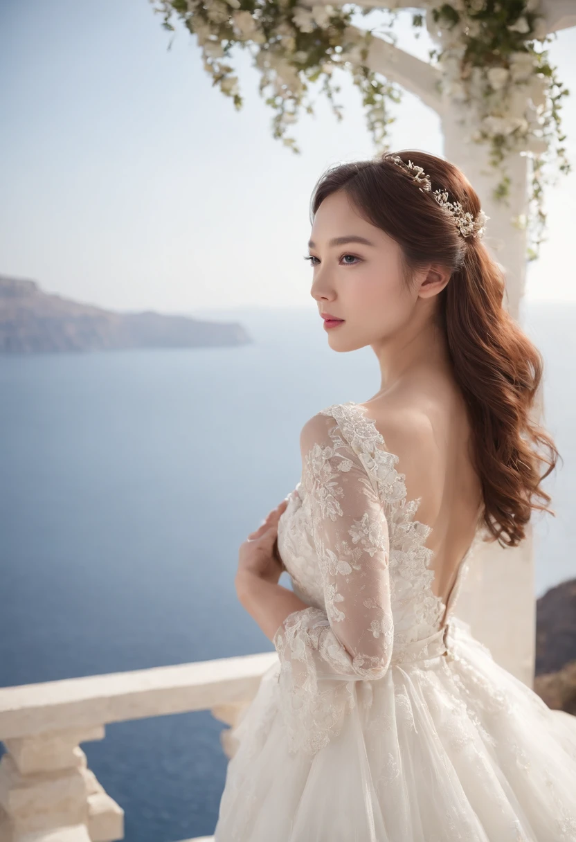 The back view of a fairy-like girl gazing at the night sea、Calm brown hair color、Her loosely curled hair is swaying in the wind、One-piece dress、Summer Night Sea、Fantasy、delicate、It looks a little lonely