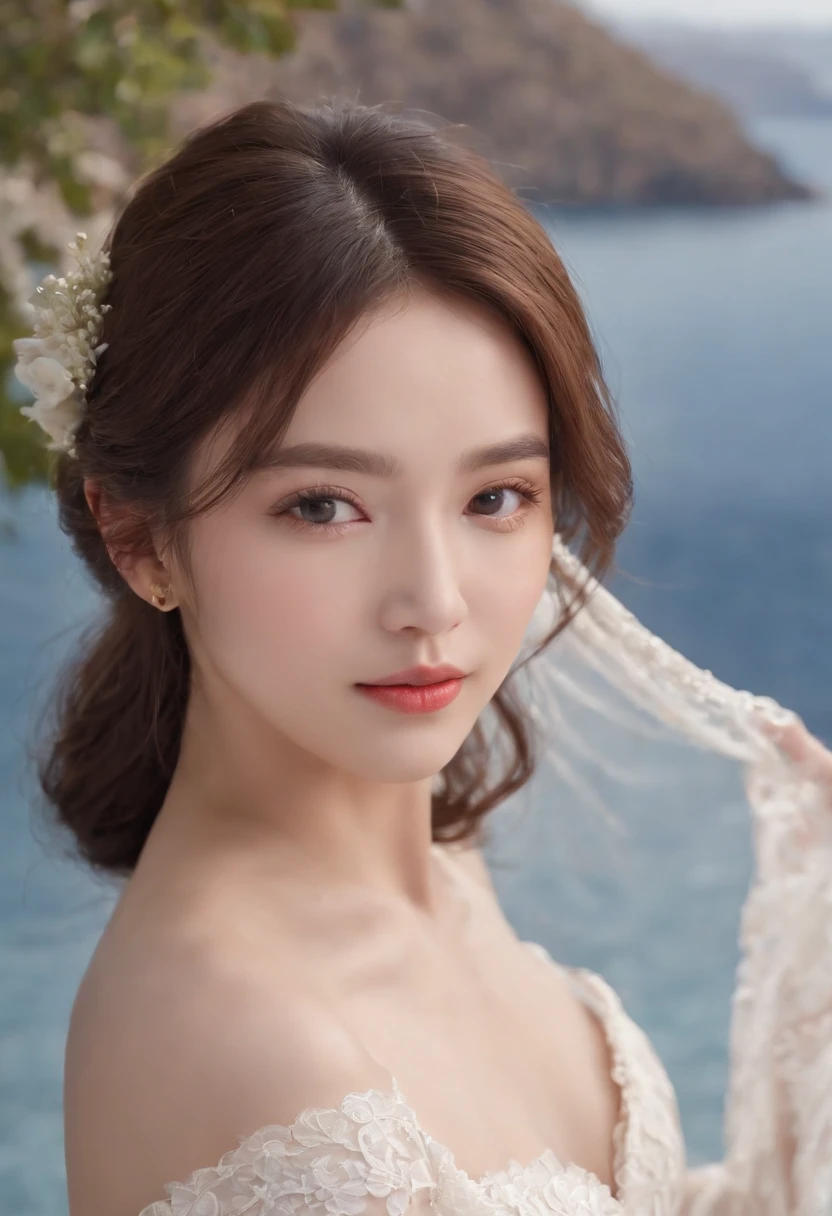 1 beautiful girl,Asian idol, (Realistic:1.3) (full bodyesbian:1.3), standing photo,Santorini, (Stand in front of the blue sea),romantic, White wedding dress, Soft dress, Masterpiece, diffused soft lighting, Portrait, Best quality, (Perfect face:1.4), Ultra-realistic Highly detailed, Complex and realistic simulation style photos, Cinematic lighting, studio shoot, Elegant Pose, upper body