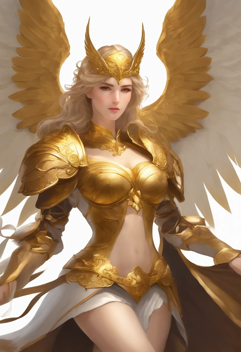 Un primer plano de una mujer con un traje dorado con alas, Armadura dorada angelical, full - body majestic angel, angel knight girl, Personaje de Final Fantasy Tactics, mystical atlantean valkyrie, as a mystical valkyrie, Serafines, Arte del personaje de Maple Story, con ardientes alas doradas, Alas de oro, Render de abril, mystical valkyrie, Un primer plano de una mujer con un traje dorado con alas, arte conceptual inspirado en Pu Hua, Pixiv, barroco, Armadura dorada angelical, full - body majestic angel, angel knight girl, Personaje de Final Fantasy Tactics, mystical atlantean valkyrie, as a mystical valkyrie, Serafines, Arte del personaje de Maple Story, con ardientes alas doradas, Alas de oro, Peleando con un malvado orco