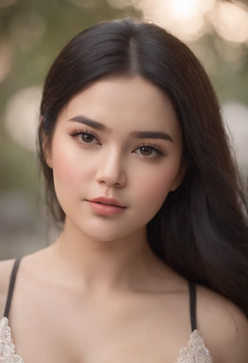 chubby face, natural skin, wearing hot deep neck top , charming black hair, American girl