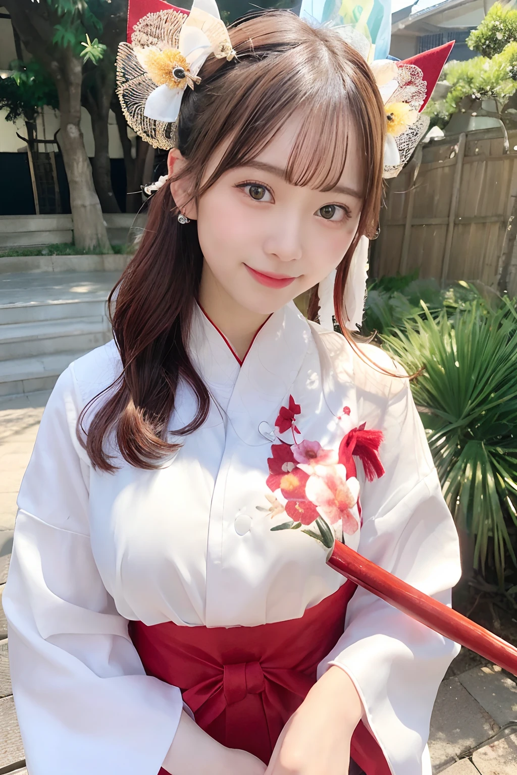 (masterpiece、top-quality、ultra-detailliert、rays of sunshine、电影灯光)、(Japan Anime Cosplay、)、(Famous idol girls of Japan、)、(goddess of Japan、shrine maiden、white miko costume、Red Hakama、)、(dishevled hair、short hair of red-brown color、poneyTail、Cherry Blossom Hair Ornament、hair pin、)、eye glasses、Holding a bamboo broom、Look at viewers、A beautiful face that captivates the viewer、(Background of the precincts、)、Stand on the ground of pebbles、Floating hair、bending forward、large full breasts、Beautiful breast slip、Shiny skin、the wind、beautifull hands、Beautiful Finger、An elaborate masterpiece、Intricate details、A detailed face、detailed hairs、Detailed red mouth、Detailed red cheeks、Smile of shame、