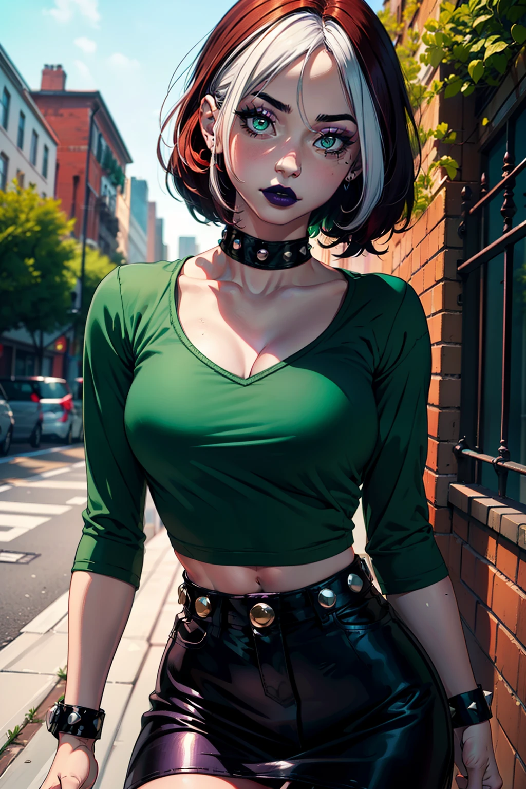 (masterpiece, best quality, ultra-detailed), 1girl, RogueXME, two-tone hair, (red hair), white bangs, green eyes, purple makeup, purple lipstick, studded collar, medium breasts, green shirt, black skirt, mini skirt, outdoors