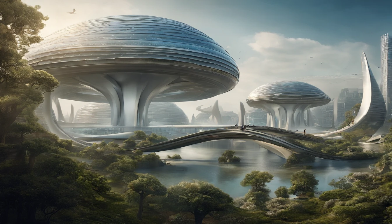 Ultra-wide-angle picture,24th century,The combination of technology and nature in the future city,fansty world,Tech City of the Future,Oval building,Roads that lead in all directions,highly detailed surreal vfx,China ink painting,water ink,ink,Smudge,Spiral,Faraway view,super-fine,ultra - detailed,high qulity,8K ,oc rendered,dynamic viewing angle