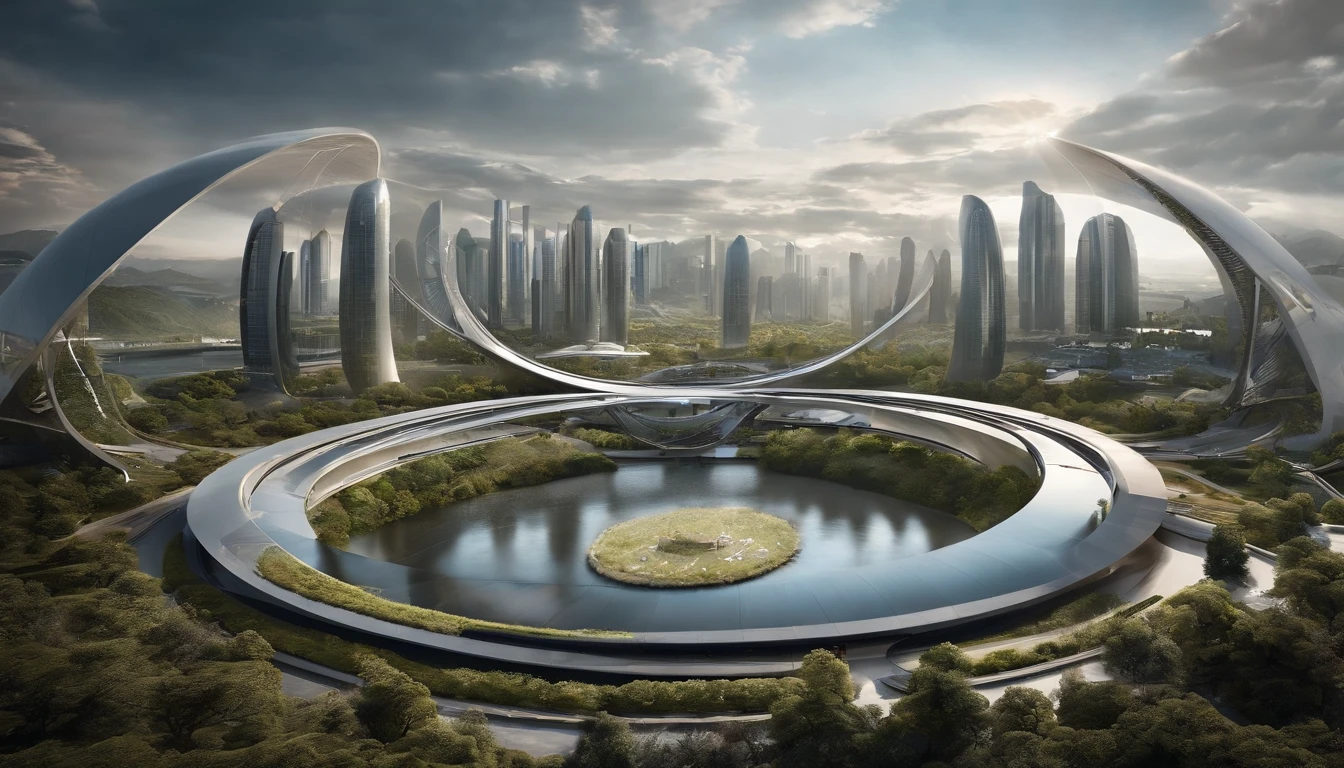 Ultra-wide-angle picture，24th century，The combination of technology and nature in the future city，fansty world，Tech City of the Future，Oval building，levitating，Roads that lead in all directions，highly detailed surreal vfx，China ink painting，water ink，ink，Smudge，Spiral，Faraway view，super-fine，ultra - detailed，high qulity，8K ，oc rendered，dynamic viewing angle