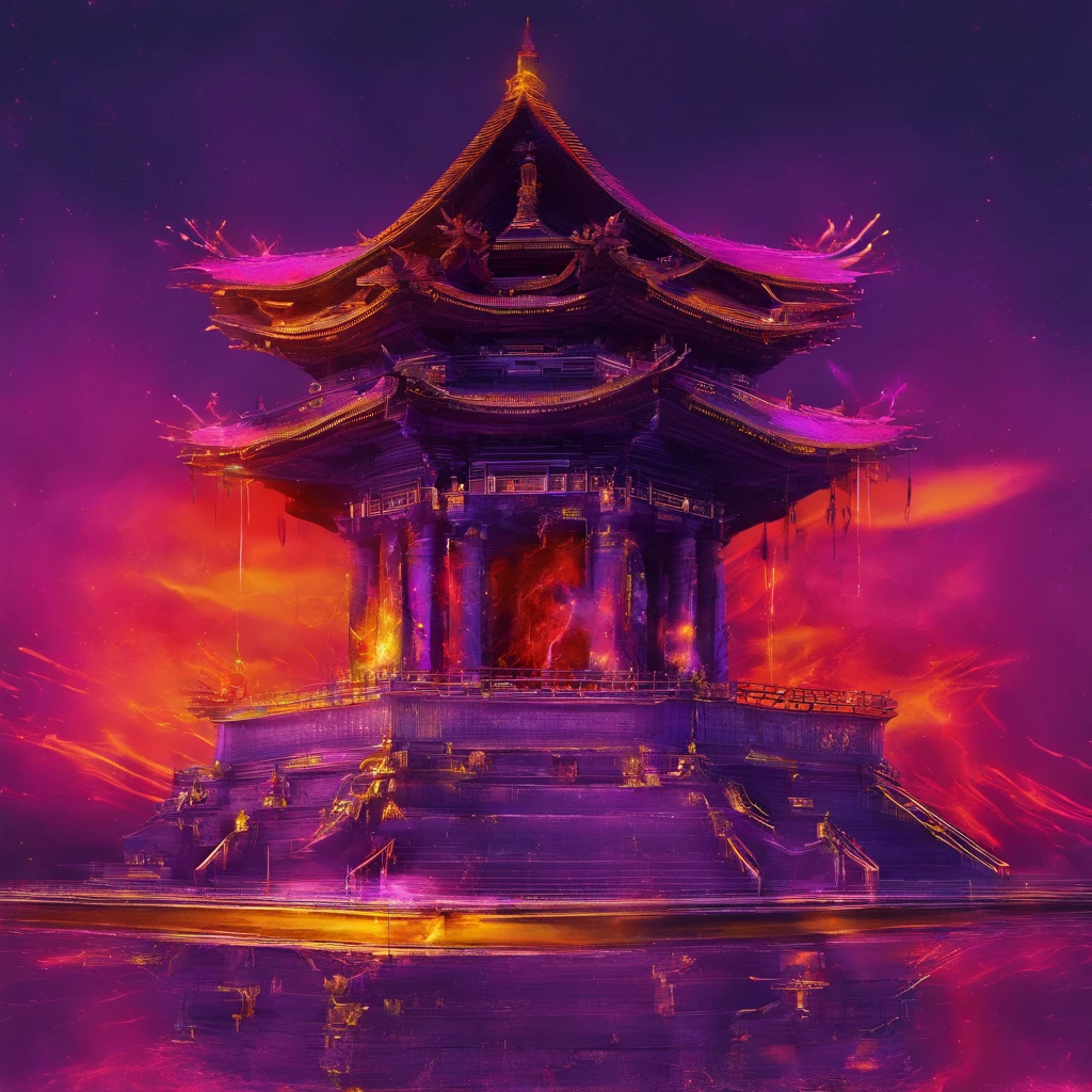 In heavy rain,((A huge castle complex,Ancient square-topped stones burned in the fire))The picture quality is excellent,Lightning,Yellow light fog,电影灯光,Natural, Realistic colors,Full composition,The style refers to Van Gogh,Subject content,Burning wooden ancient domed stone monolith game scene 1:60 miniatures,Lightning and lightning,Agate glass texture 32K(tmasterpiece,k hd,hyper HD,32K)Long flowing bright purple hair,Autumn Pond,zydink, a color, Asian people (girl), (Red scarf), Combat posture, looking at the ground, long whitr hair, Floating bright purple, Fire cloud pattern gold tiara, Chinese long-sleeved gold silk garment, (abstract ink splash:1.2), white backgrounid,Lotus protector(realisticlying:1.4),Bright purple hair,Smoke on the road,The background is pure, A high resolution, the detail, RAW photogr, Sharp Re, Nikon D850 Film Stock Photo by Jefferies Lee 4 Kodak Portra 400 Camera F1.6 shots, Rich colors, ultra-realistic vivid textures, Dramatic lighting, Unreal Engine Art Station Trend, cinestir 800,Long flowing bright purple hair
