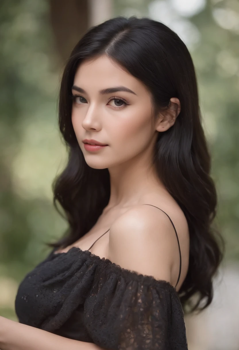 natural skin, wearing hot deep neck transparent top , charming black hair, American girl