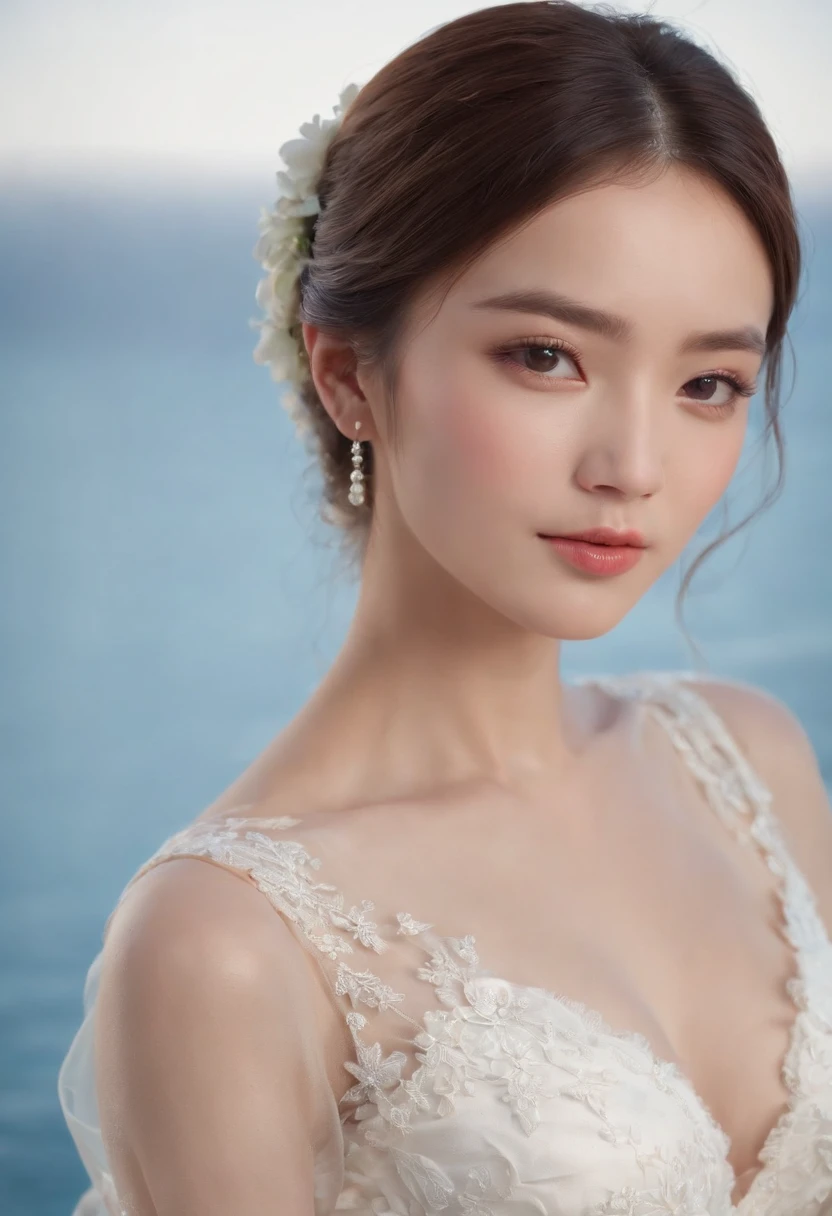 1 beautiful girl,Asian idol, (Realistic:1.3) (full bodyesbian:1.3), standing photo,Santorini, (Stand in front of the blue sea),romantic, White wedding dress, Soft dress, Masterpiece, diffused soft lighting, Portrait, Best quality, (Perfect face:1.4), Ultra-realistic Highly detailed, Complex and realistic simulation style photos, Cinematic lighting, studio shoot, Elegant Pose, upper body