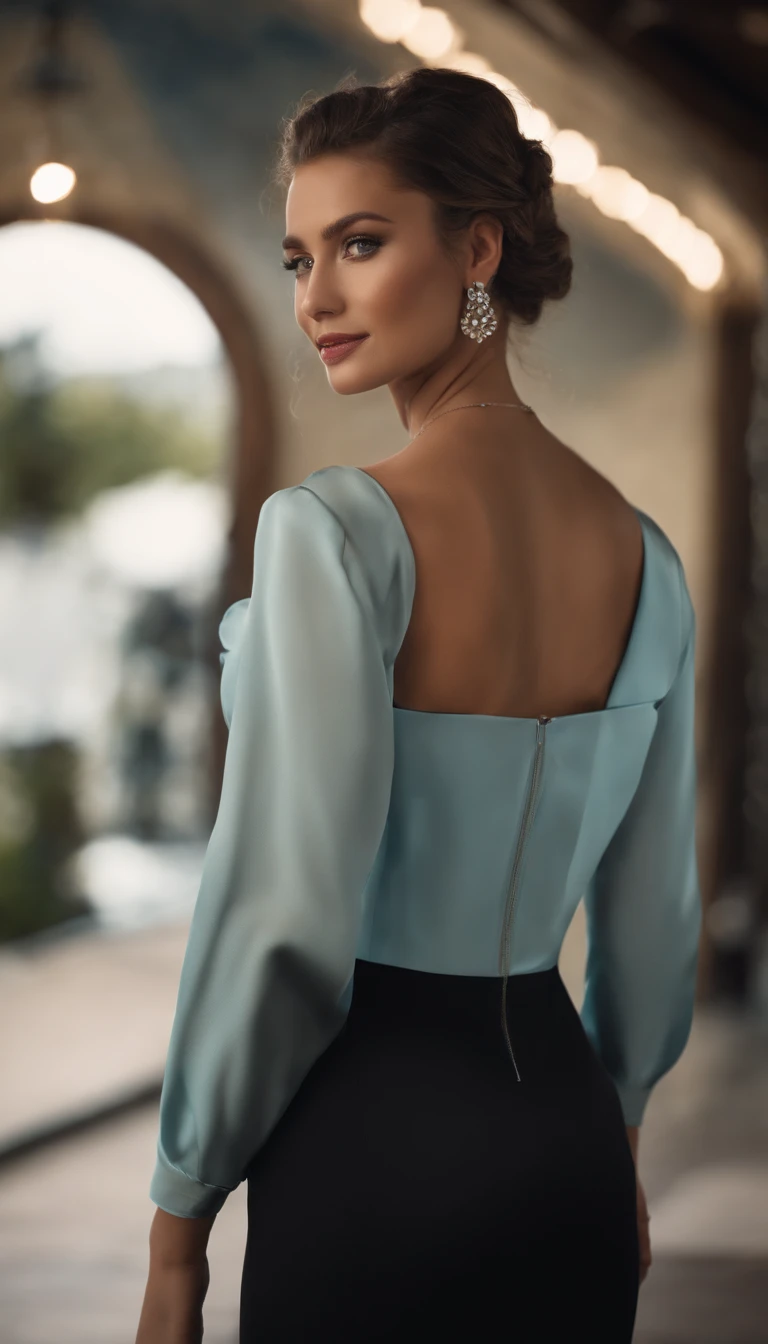 1girl, aqua eyes, back, franja, bareshoulders, luvas pretas, olhos azuis, pigtail, gargantilha, brincos, luvas sem dedos, from behind, Luvas, cabelos grisalhos, propriedade, suit jacket, jewelries, Cabelos Longos, Olhando para o Viewer, Looking back, nail polish, fora do ombro, separated-lips, penetrante, rabo-de-cavalo, jaqueta vermelha, sozinho, parte superior do corpo,Baiyi,[[Realistic]],(pele brilhante),(master part:1.4),(best quality:1.4)