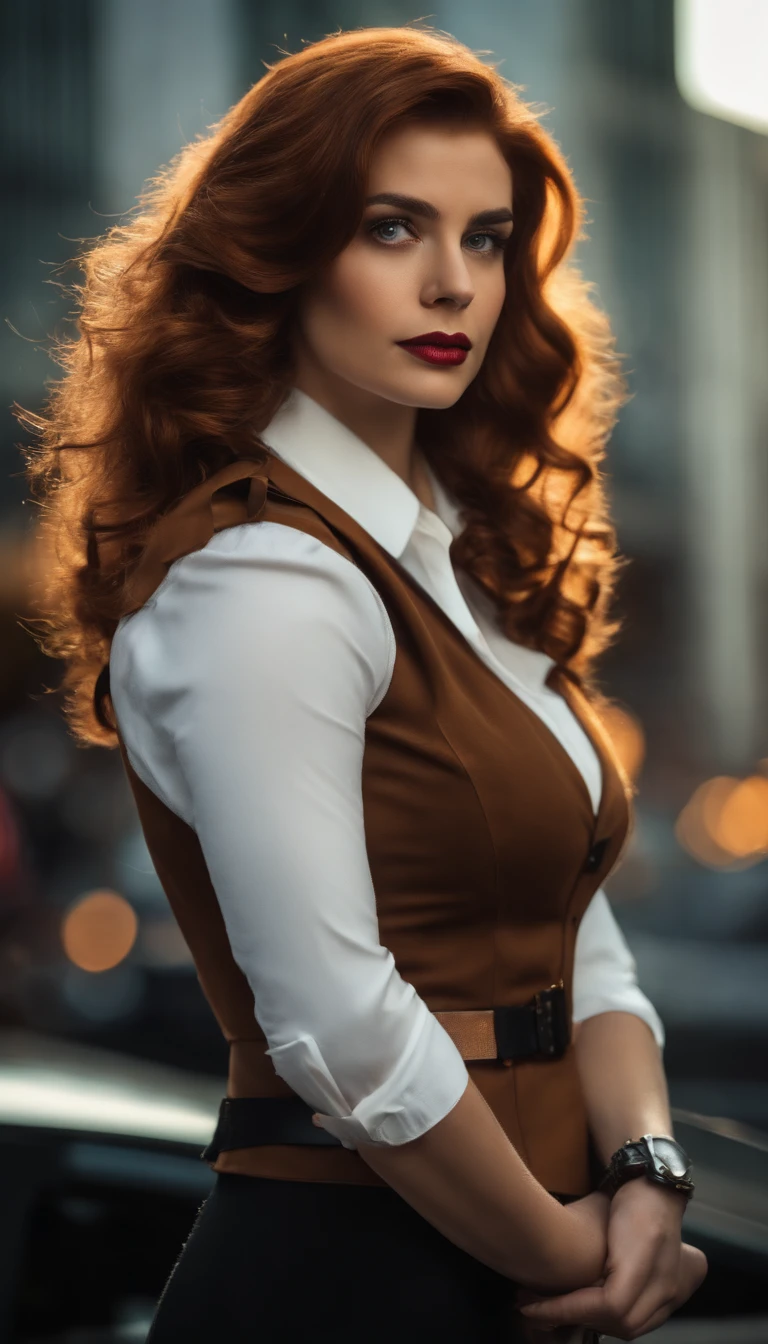 (melhor qualidade,4k,8k,alto,master part:1.2),ultra-detalhado,(Realistic,fotorrealista,photo-realistic:1.37),Barbara Gordon, Jovem mulher de 19 anos l, Cabelos ruivos bonitos, vestindo uniforme policial,olhos castanhos penetrantes, Beleza Suprema, Gotham City Setting, postura forte e confiante, Determined expression,vivid colors,foco nítido,pintura detalhista,professional lighting,Estilo Retrato, dramatic lighting,Bokeh