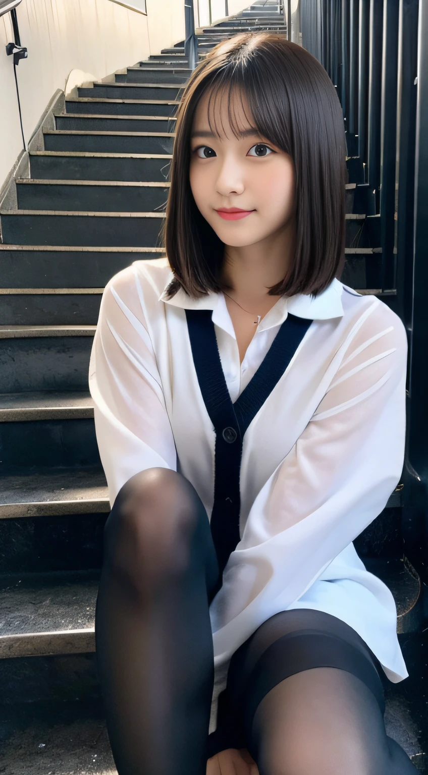 (((32ｋ,high detal,high-detail、​masterpiece,Attention to detail,full body Esbian,独奏))),Raw photo & realistic atmosphere,beautiful dark blue eyes,Detailed mouth,Glossy lips,Detailed eyebrows,Eyes drawn in detail with soft white skin that shines in every detail、azure eyes,Very beautiful eyes,Detailed lips、Very beautiful face,Very well-formed face、Lifelike face,shiny beautiful lips, Realistic Young Gravure Idol, very beautiful school girl, ,Moderately beautiful, Young Sensual Gravure Idol, Young Gravure Idol, Beautiful, Cute and sexy１5 year old schoolgirl,the whole body is wet,dripped out,with a flushed face,Incredibly beautiful１5-year-old girl,short-cut,Brown shiny hair,Hair is wet,Dripping water,dripping,Crouching on the stairs with your legs open,（Black pantyhose,Beautiful fece,Looking at the camera：1.4）,（Cross your legs in black pantyhose,The chest of the uniform is open,darkness,Very dark,Pitch-black staircase without street lights,Illuminate the subject with a flashlight,spot light：1.7）,（A sexy,Slightly chubby,High Detail Hi-Vision Hi-Vision Japan Hi-Vision Girl Uniform,well-shaped breasts,,Mature body, I'm anxious and about to cry,Moist eyes,cold smile,glareing,The glaring face is also beautiful：1.5）,（Open your legs randomly,Rollback：1.7）