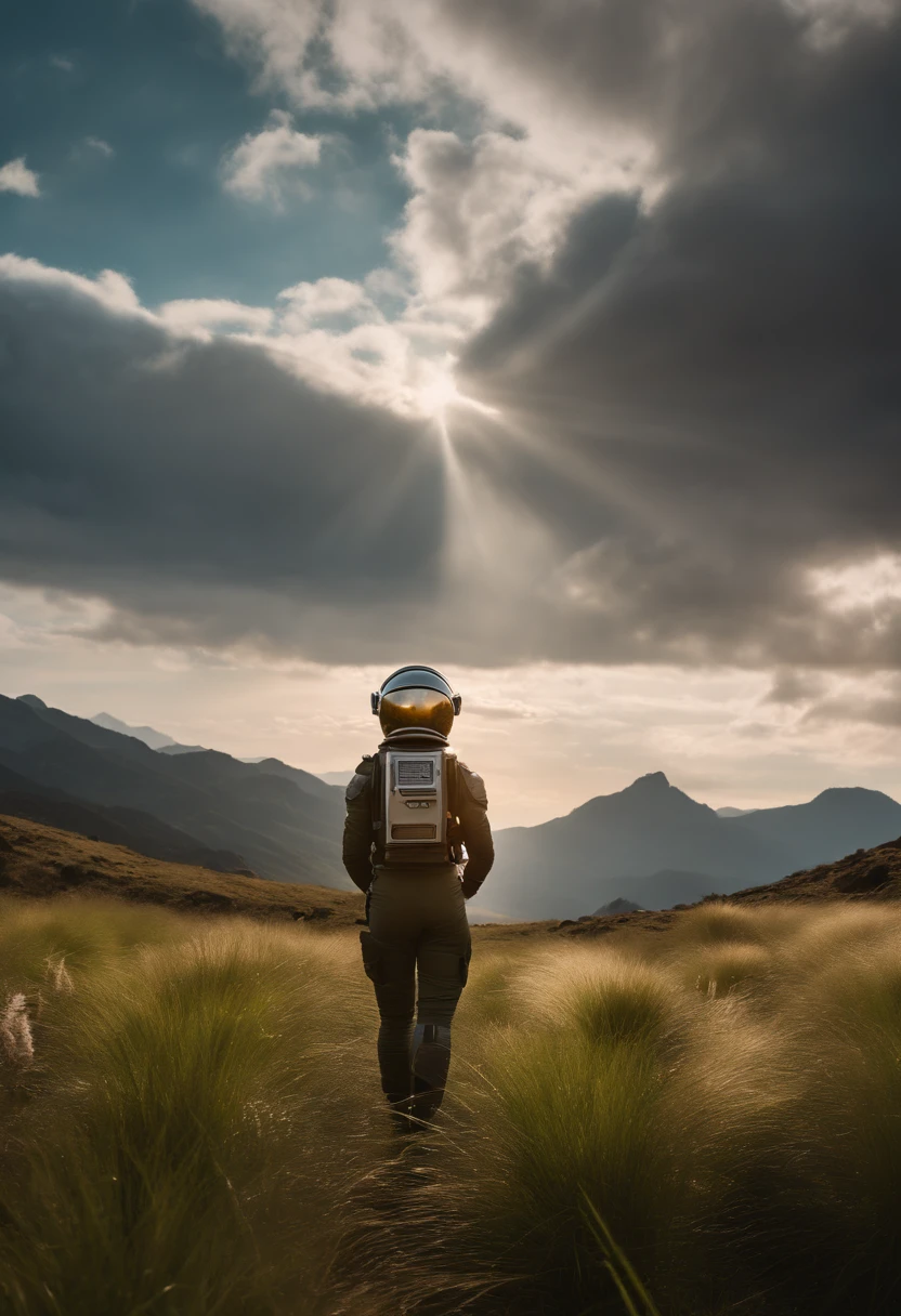 Award-Awarded (full bodyesbian:0.8) (Portrait photo:1.3) younger female (Science fiction astronauts:1.3) , (Stargate:1.4), Gaze at a verdant alien planet, (Mountains:1.2) (tall grass:1.4), Rocks, Fluffy clouds in the sky, trending on artstationh, Highly detailed, finedetail, Intricate, (Lens flare:0.6), (back lit lighting:0.8), (full bloom:0.8), Shallow depth of field