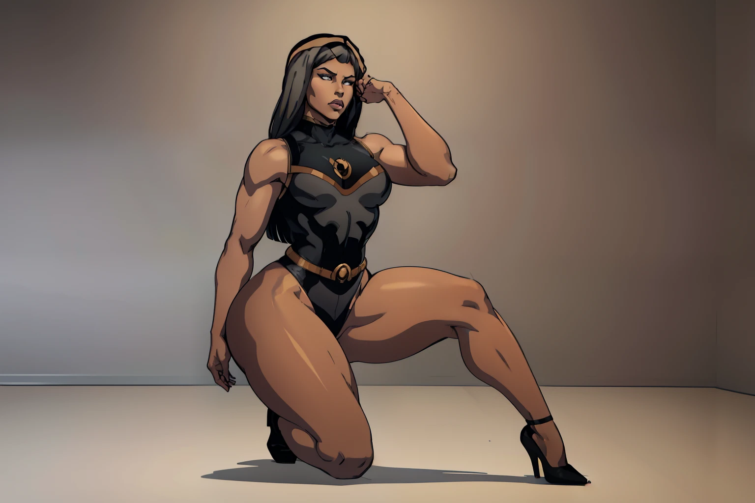 (masterpiece), (best quality), ((Nicki Minaj)), curvy, makeup, (bronze skinned female), ((muscular thighs)), ((small breasts:1:1)) ((wide waist)), hair with bangs, (full body) ((grey background)), contoured