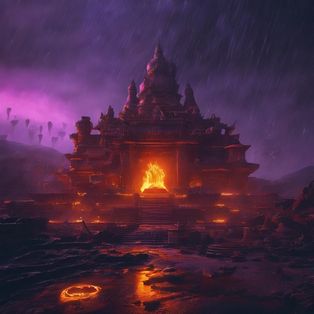 In heavy rain，（（A huge castle complex，Ancient square-topped stones burned in the fire））The picture quality is excellent，Lightning，Yellow light fog，电影灯光，Natural, Realistic colors，Full composition，The style refers to Van Gogh，Subject content，Burning wooden ancient domed stone monolith game scene 1：60 miniatures，Lightning and lightning，Agate glass texture 32K（tmasterpiece，k hd，hyper HD，32K）Lotus protector（realisticlying：1.4），Bright purple hair，Smoke on the road，The background is pure， A high resolution， the detail， RAW photogr， Sharp Re， Nikon D850 Film Stock Photo by Jefferies Lee 4 Kodak Portra 400 Camera F1.6 shots, Rich colors, ultra-realistic vivid textures, Dramatic lighting, Unreal Engine Art Station Trend, cinestir 800，Long flowing bright purple hair