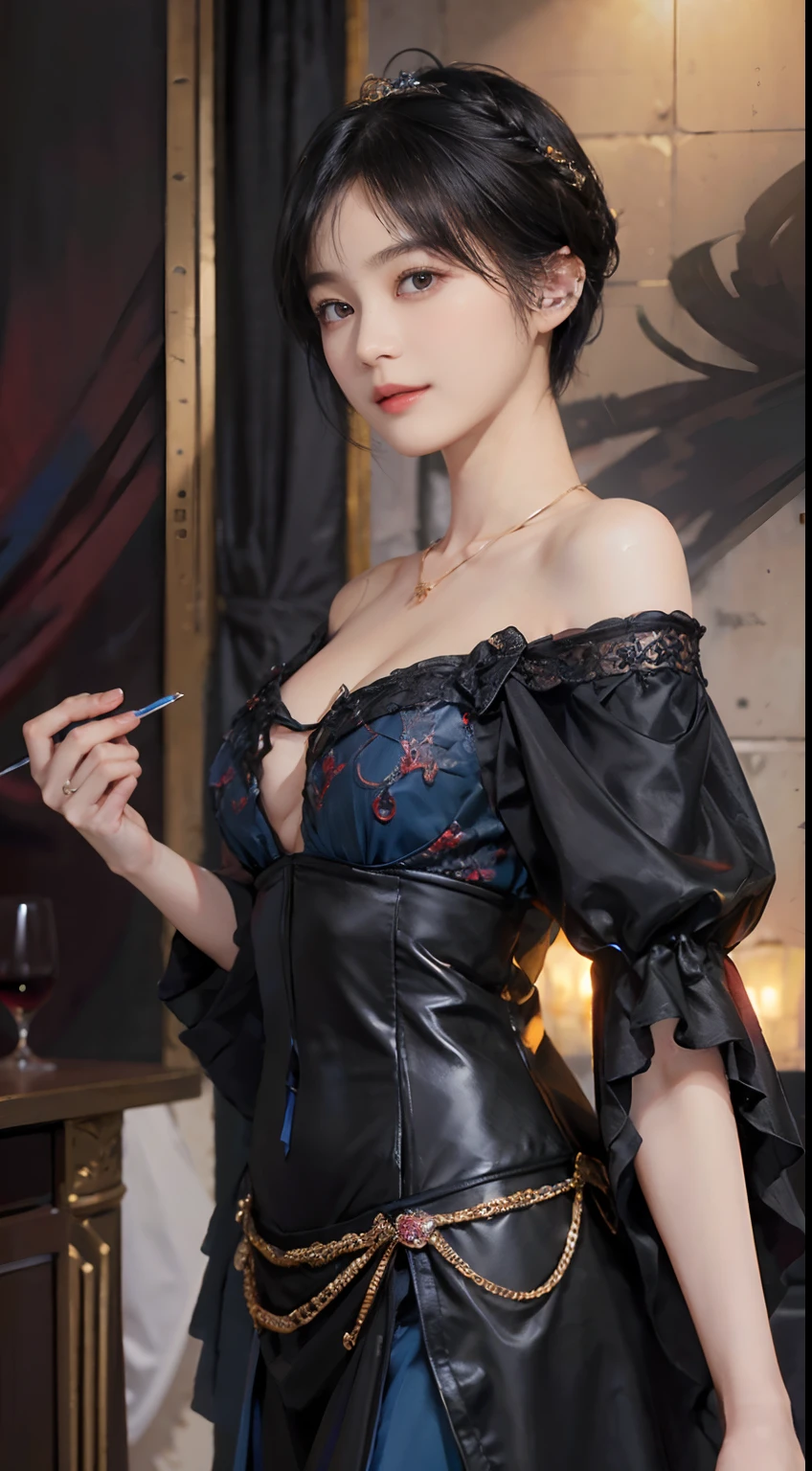 ((1womanl)),  (((Black-short-hair))), （masuter piece：1,3）、top-quality、​masterpiece、hight resolution、Original、highly detailed wallpaper、dress code、Luxurious necklace, (A slight smil)、a small face、((breast))、(Red and blue dresses)、(light on face)、Live-action style, Beautiful facial features, darkened room, ((Hu Dilan)), Masquerade, (fancy-dress ball)