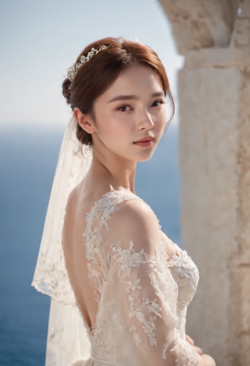 1 beautiful girl,Korean idol, (Realistic:1.3) (full bodyesbian:1.3), standing photo,Santorini, Stand in front of the( blue sea), White wedding dress, Soft dress, Masterpiece, diffused soft lighting, Portrait, Best quality, (Perfect face:1.4), Ultra-realistic Highly detailed, Complex and realistic simulation style photos, Cinematic lighting, studio shoot, Elegant Pose, upper body