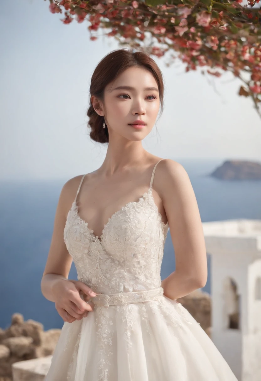 1 beautiful girl,Korean idol, (Realistic:1.3) (full bodyesbian:1.3), standing photo,Santorini, Stand in front of the( blue sea), White wedding dress, wedding decoration,Soft dress, Masterpiece, diffused soft lighting, Portrait, Best quality, (Perfect face:1.4), Ultra-realistic Highly detailed, Complex and realistic simulation style photos, Cinematic lighting, studio shoot, Elegant Pose, (extreme close-up)