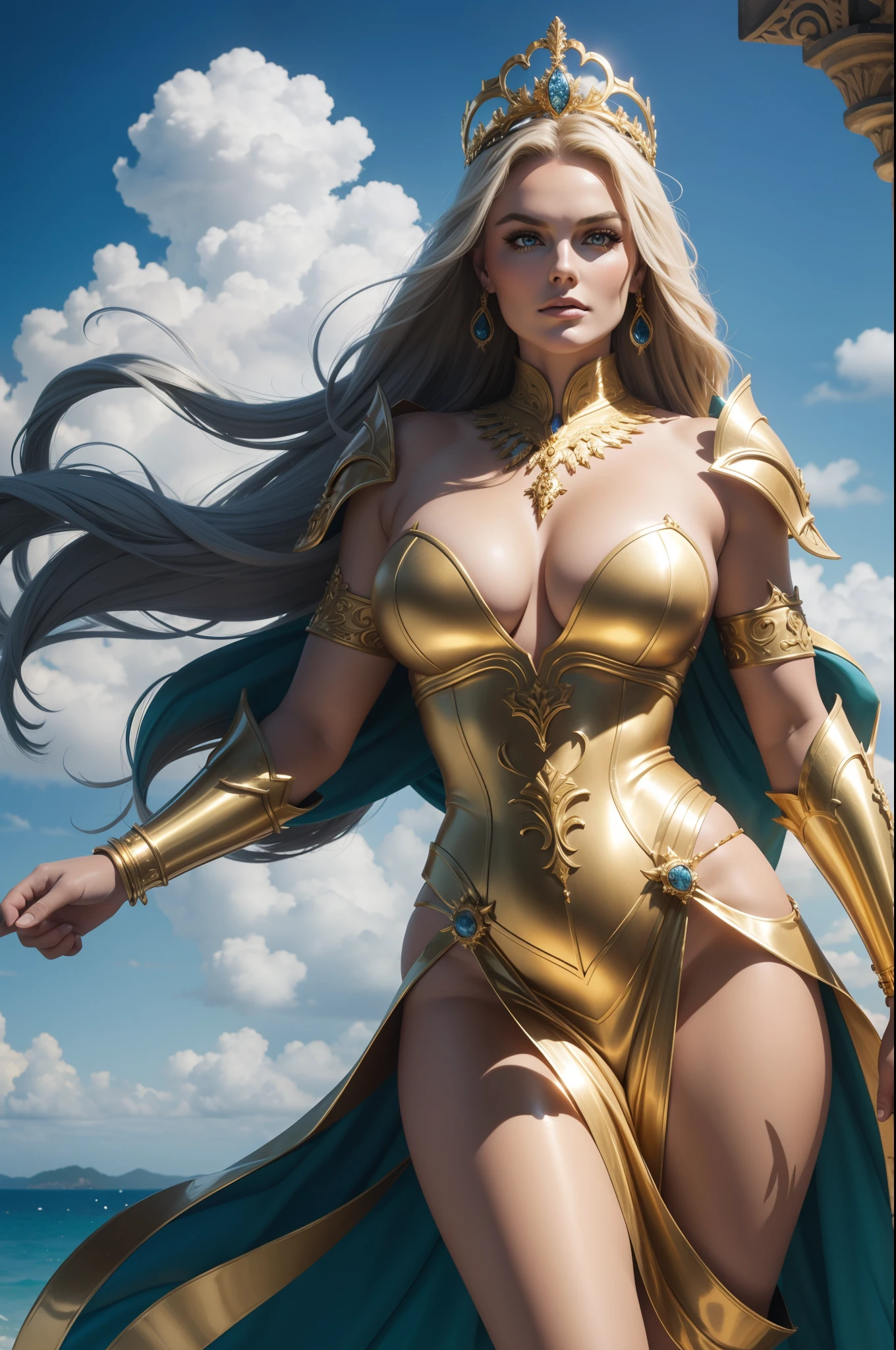 ( nuvens ) Lindsey Vonn as a MYTHOLOGICAL DIVA in a golden armor, tiara dourada com asas, floating into the sky, gold bracelets on the arms, coxas expostas, Face looking at the camera, athletic curvy body, Musculatura suavemente definida, perspectiva de corpo inteiro, Realismo 32K, obra prima.