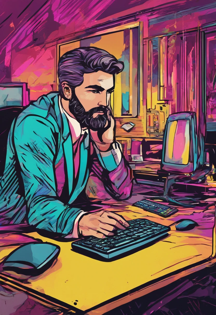 (best quality, 4k, high resolution, masterpiece: 1.2), close-up of a man in front of his computer, looking at the camera, sad expression, beard, short hair, professional, office lighting, hands on chin , computer screen reflection, monochrome color palette, deep shadows