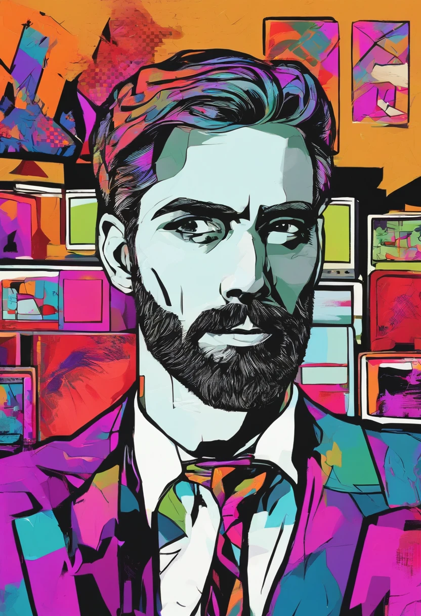 (best quality, 4k, high resolution, masterpiece: 1.2), close-up of a man in front of his computer, looking at the camera, sad expression, beard, short hair, professional, office lighting, hands on chin , computer screen reflection, monochrome color palette, deep shadows
