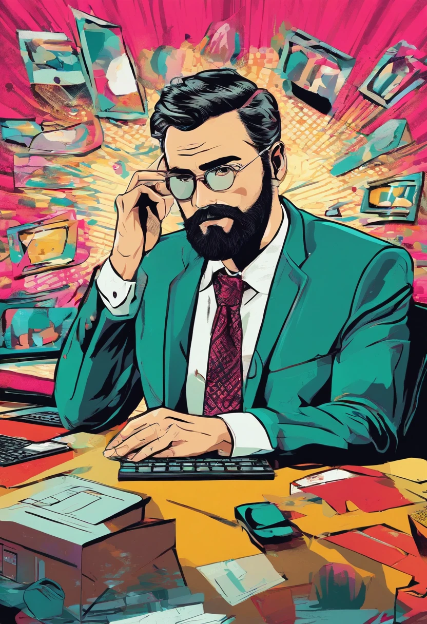 (best quality, 4k, high resolution, masterpiece: 1.2), close-up of a man in front of his computer, looking at the camera, sad expression, beard, short hair, professional, office lighting, hands on chin , computer screen reflection, monochrome color palette, deep shadows