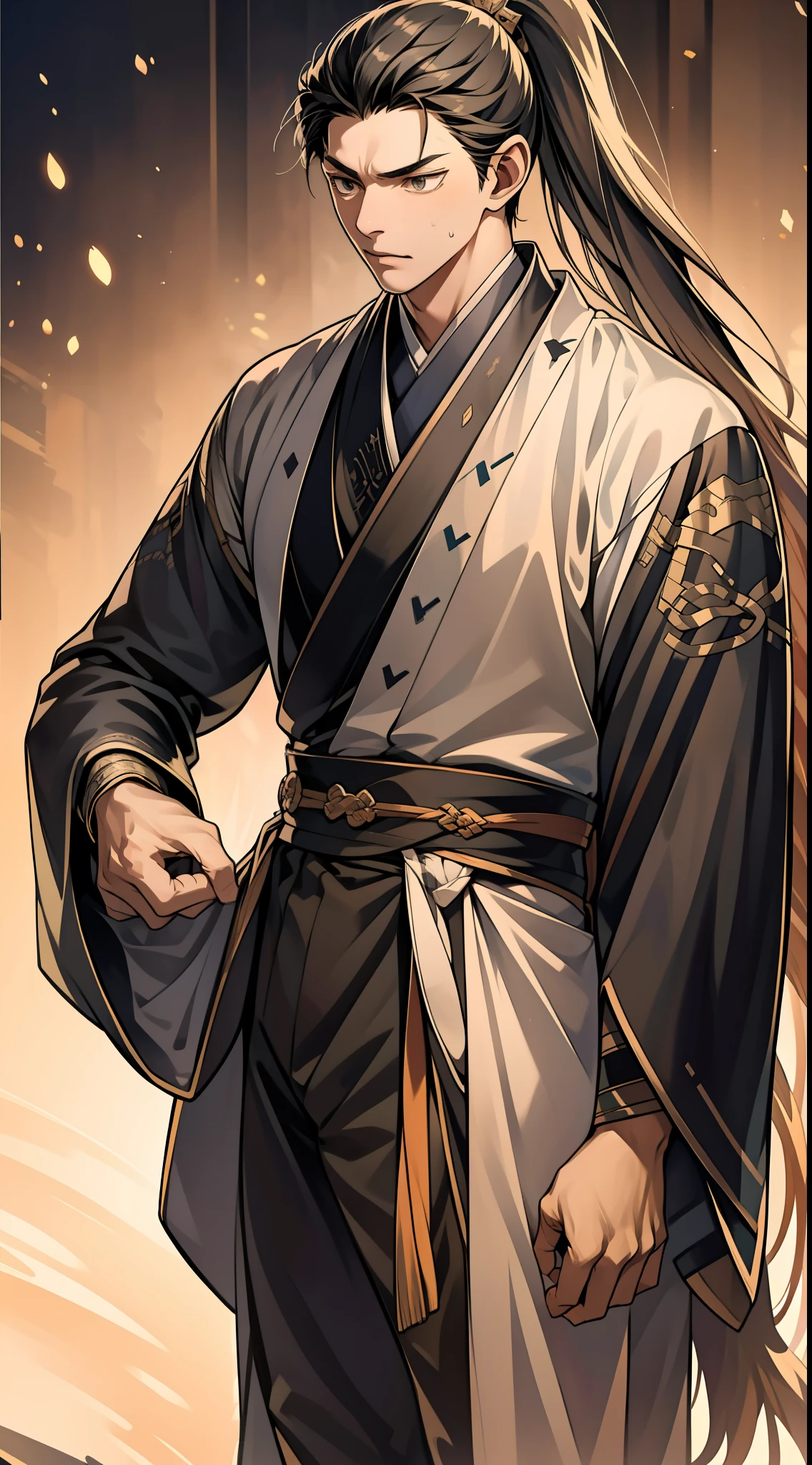 quadratic element,style of anime,mtu(Male Warrior),The proportions are correct,Face details,swordsmen,High ponytail hairstyle,Neck details,There is an Adam's apple,Black Hanfu,kaftan,Embroidered robes,Black robe,clothes details,Handing over,longer sleeves,Game quality,Swordsmanship,Light and shadow tracking,Ray traching,detailed glow,cg render,hair detail,cabelos preto e longos,Black eyes,Handsome,Handsome,(juvenile sense),Clothing is complicated,Perfectcomposition,Refinement,high qulity,higher details,Lots of details,The background is complex,a sense of atmosphere,