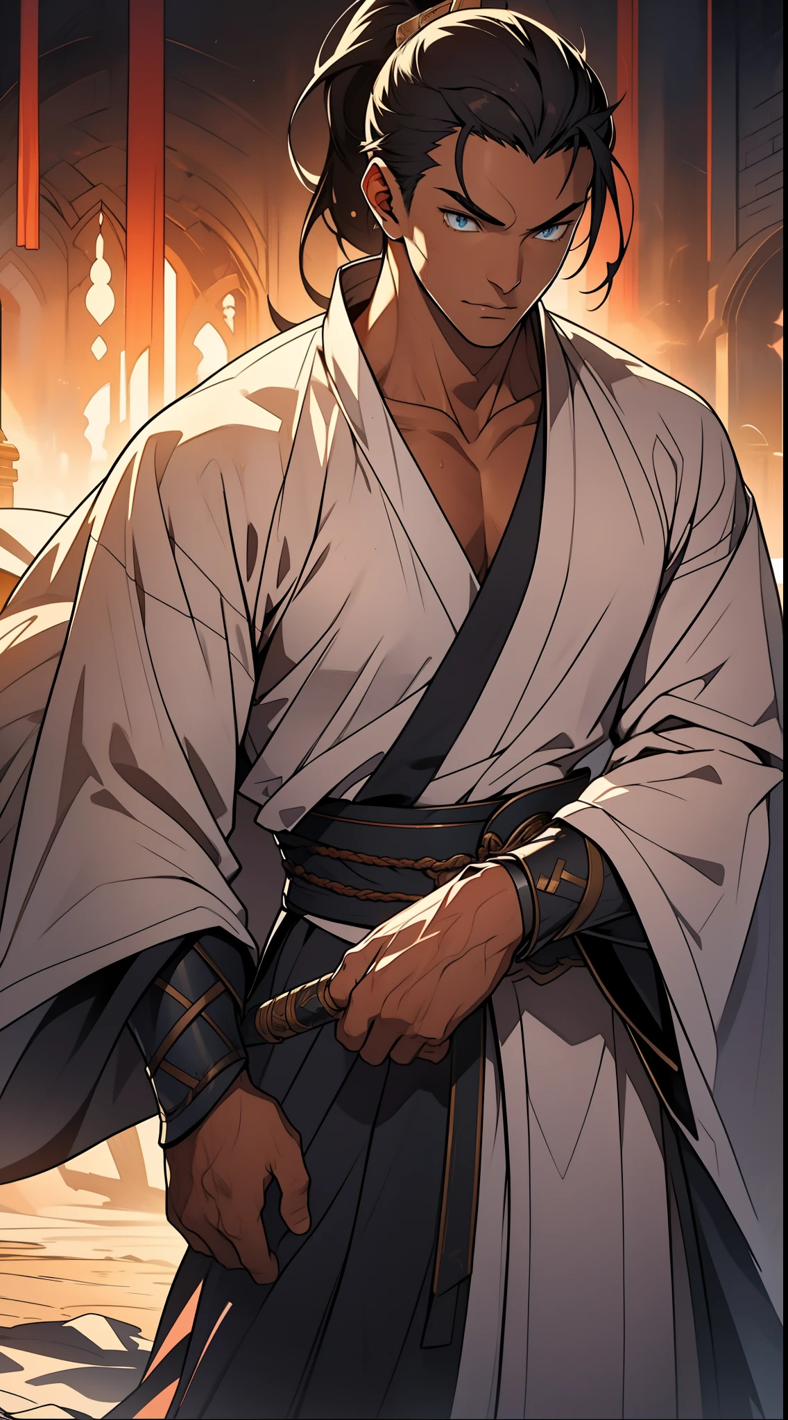 quadratic element,style of anime,mtu(Male Warrior),The proportions are correct,Face details,swordsmen,High ponytail hairstyle,Neck details,There is an Adam's apple,White robe,kaftan,long white robe,clothes details,Handing over,longer sleeves,Game quality,Swordsmanship,Light and shadow tracking,Ray traching,detailed glow,cg render,hair detail,cabelos preto e longos,blue colored eyes,Handsome,Handsome,(juvenile sense),Clothing is complicated,Perfectcomposition,Refinement,high qulity,higher details,Lots of details,The background is complex,a sense of atmosphere,