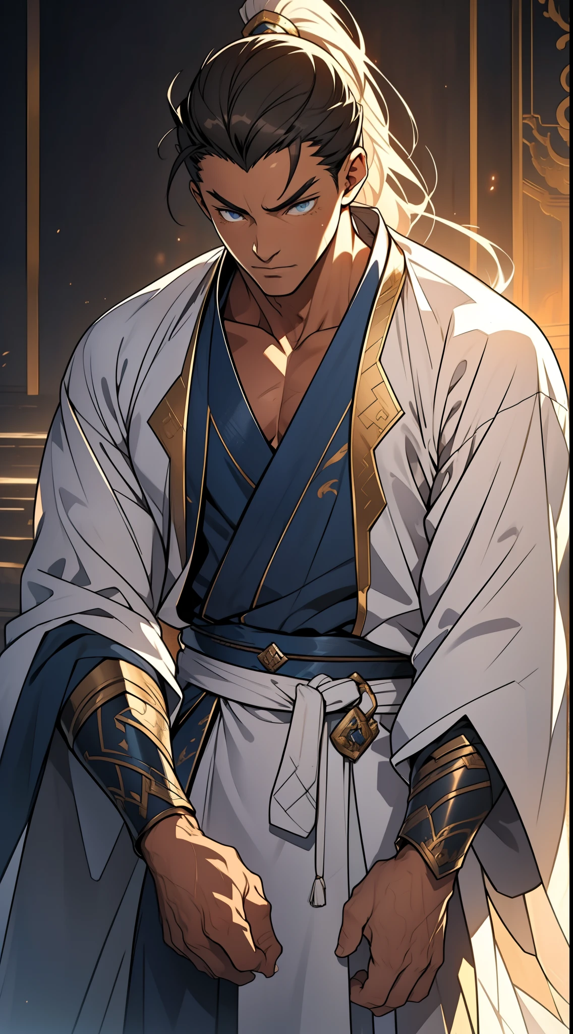 quadratic element,style of anime,mtu(Male Warrior),The proportions are correct,Face details,swordsmen,High ponytail hairstyle,Neck details,There is an Adam's apple,White robe,kaftan,long white robe,clothes details,Handing over,longer sleeves,Game quality,Swordsmanship,Light and shadow tracking,Ray traching,detailed glow,cg render,hair detail,cabelos preto e longos,blue colored eyes,Handsome,Handsome,(juvenile sense),Clothing is complicated,Perfectcomposition,Refinement,high qulity,higher details,Lots of details,The background is complex,a sense of atmosphere,