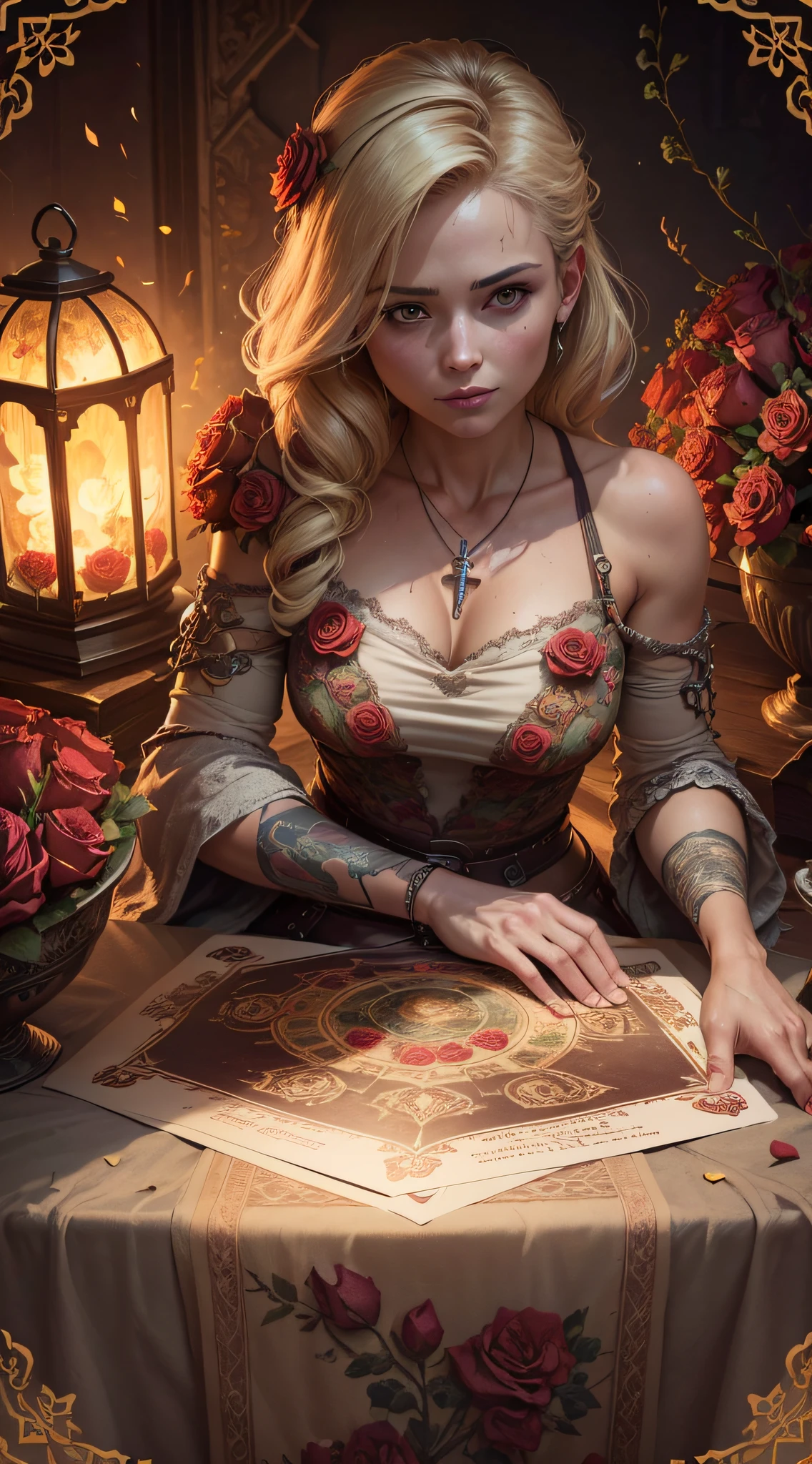Tarot card, Close up face shot of a beautiful woman looking at the camera, (((card title surrounded by roses at the bottom))), tarot card frame, tatoos, lots of tatoos, rose tatoos, blonde, (((survivor clothes))), extremely beautiful face, model face, divine beauty, post apocalyptic city, In the Style of The Last Of Us, Ultra realistic photo of a post apocalyptic city in the background, masterpiece, best quality, CG, wallpaper, HDR, high quality, high-definition, extremely detailed, (detailed light){{intricate detail}}, {highres}, beautiful sunlight, chiaroscuro, anime style, key visual, intricate detail, highly detailed, breathtaking, vibrant, cinematic, detailed background
