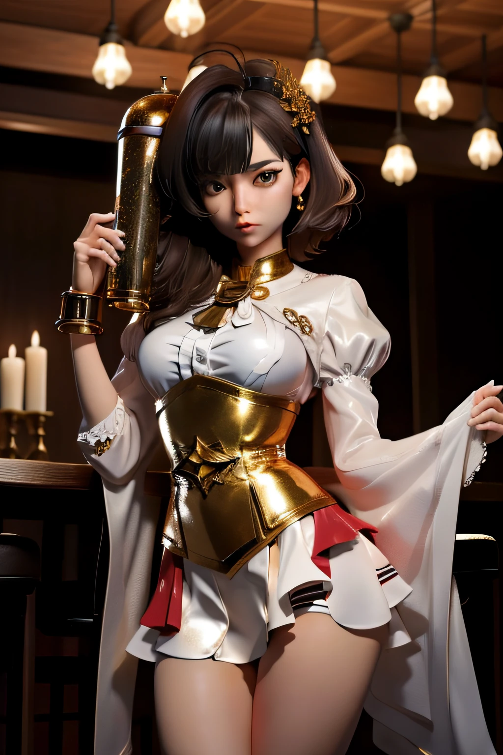 Elaborate metallic bones、Ayako Rokkaku、(a miniskirt),(silk shirt)