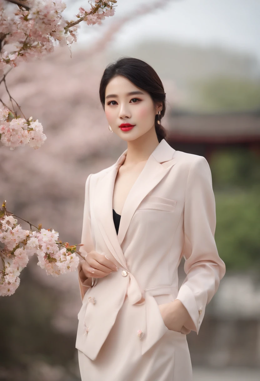 Gentle and beautiful woman, half body photo, Delicate and sexy collarbone, charming oval face, Double eyelids, Smart peach blossom eyes, Pink lips, small nose, Bare shoulders, Focused face, Face Close-up, The ultra -The high-definition, Super Details, elegant standing, Black British College Style Double Breasted Casual Loose Korean Style Small Suit Jacket, Pair with a black pleated skirt suit