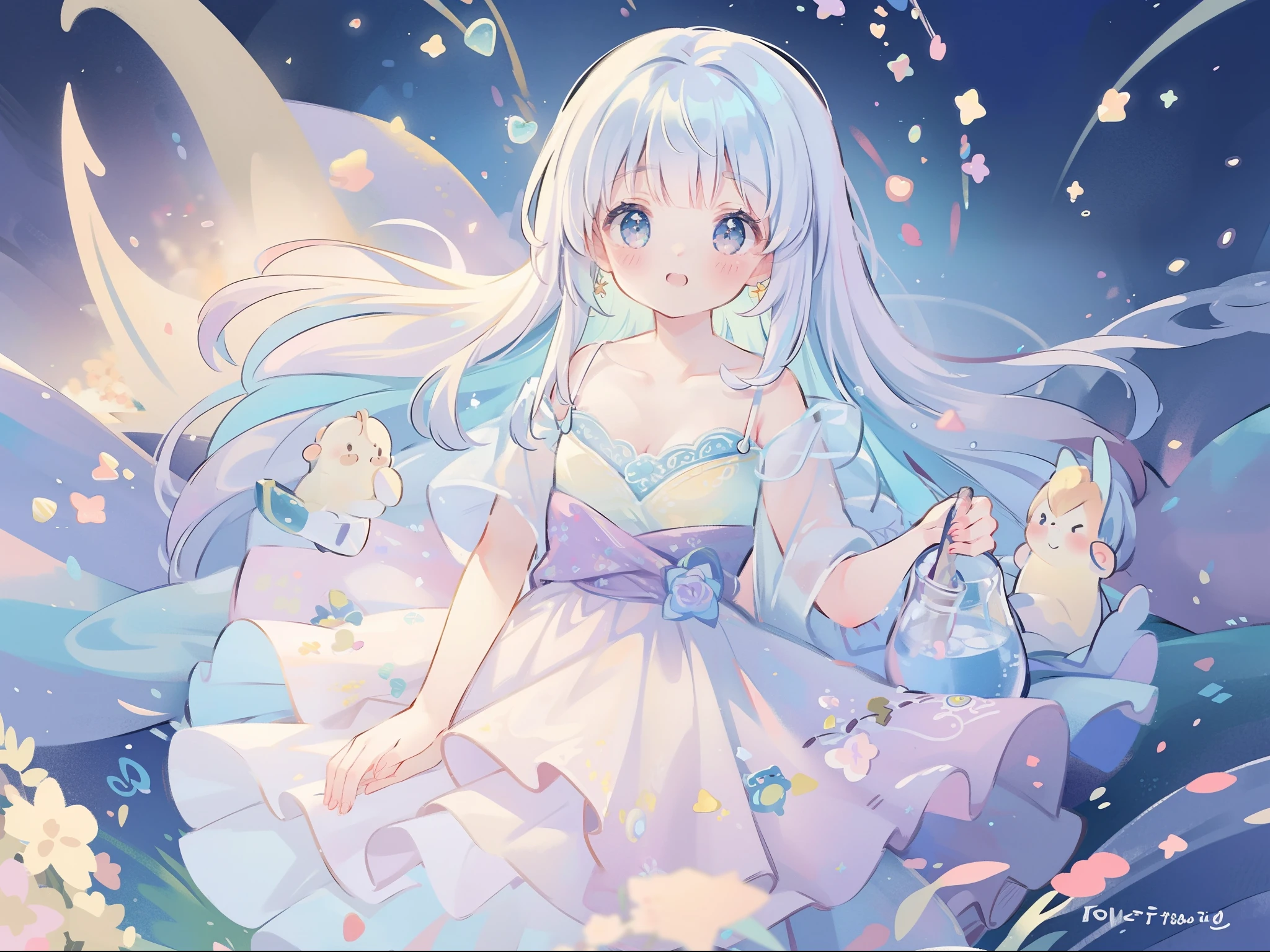 masterpiece, best quality, 8k resolution, sharp focus, intricate detail, beautiful girl, sparkling eyes, golden ratio face, otherworldly liquid, watercolor, ((pastel colors)), bright colors, whimsical, colorful, sharp focus, high resolution, fine detail, ((layered ballgown)), iridescent bubbles