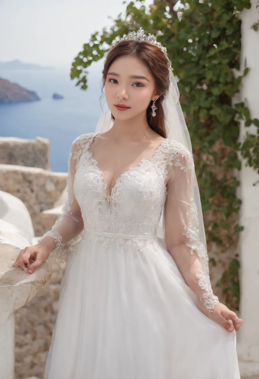 1 beautiful girl,Asian idol, (Realistic:1.3) (full bodyesbian:1.3), standing photo,Santorini, Stand in front of the blue sea, White wedding dress, Soft dress, Masterpiece, diffused soft lighting, Portrait, Best quality, (Perfect face:1.4), Ultra-realistic Highly detailed, Complex and realistic simulation style photos, Cinematic lighting, studio shoot, Elegant Pose, upper body