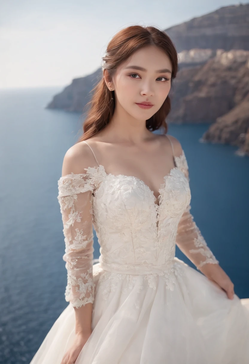 1 beautiful girl,Asian idol, (Realistic:1.3) (full bodyesbian:1.3), standing photo,Santorini, Stand in front of the blue sea, White wedding dress, Soft dress, Masterpiece, diffused soft lighting, Portrait, Best quality, (Perfect face:1.4), Ultra-realistic Highly detailed, Complex and realistic simulation style photos, Cinematic lighting, studio shoot, Elegant Pose, upper body
