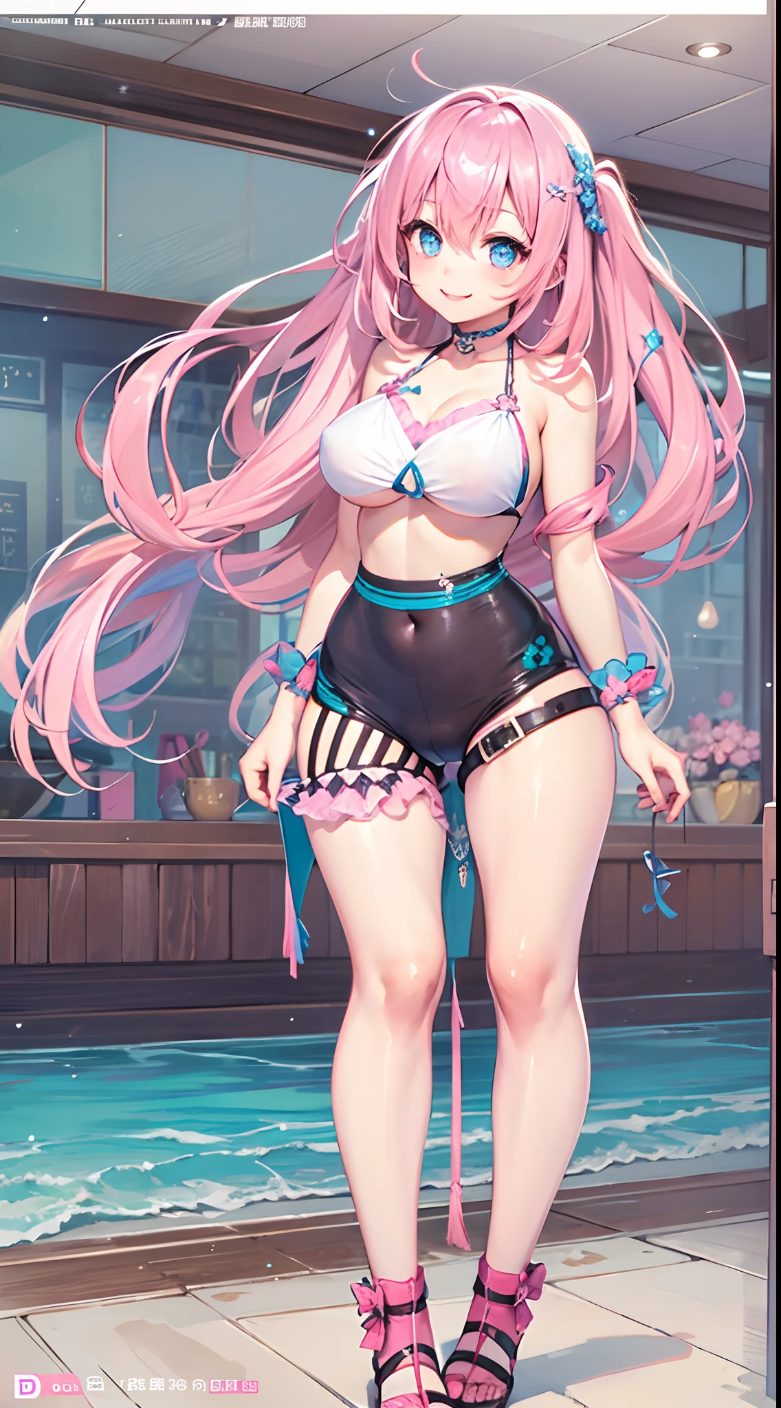 Beautiful illustration、top-quality、Cute little girl s、A pink-haired、length hair、Colossal tits、a navel、maikurobikini、Mare、A sexy、a smile、bare-legged、blue eyess、lovely thighs、glowing thigh