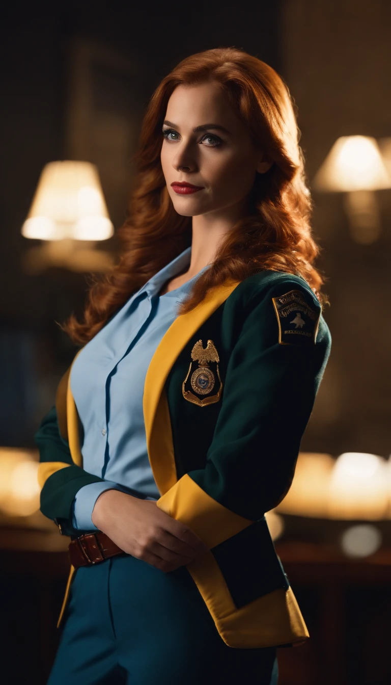 (melhor qualidade,4k,8k,alto,master part:1.2),ultra-detalhado,(Realistic,fotorrealista,photo-realistic:1.37),Barbara Gordon, Jovem mulher de 19 anos l, Cabelos ruivos bonitos, vestindo uniforme policial,olhos castanhos penetrantes, Beleza Suprema, Gotham City Setting, postura forte e confiante, Determined expression,vivid colors,foco nítido,pintura detalhista,professional lighting,Estilo Retrato, dramatic lighting,Bokeh