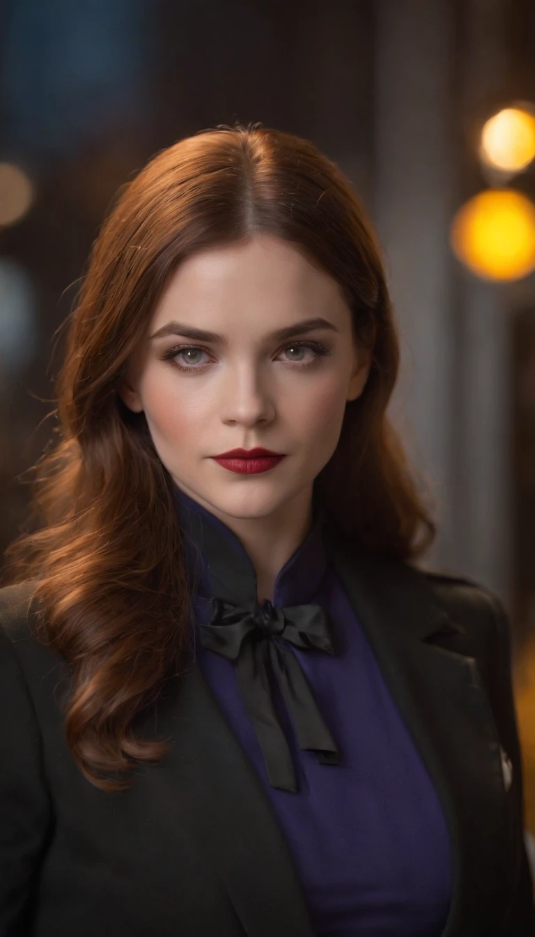 (melhor qualidade,4k,8k,alto,master part:1.2),ultra-detalhado,(Realistic,fotorrealista,photo-realistic:1.37),Barbara Gordon, Jovem mulher de 19 anos l, Cabelos ruivos bonitos, vestindo uniforme policial,olhos castanhos penetrantes, Beleza Suprema, Gotham City Setting, postura forte e confiante, Determined expression,vivid colors,foco nítido,pintura detalhista,professional lighting,Estilo Retrato, dramatic lighting,Bokeh