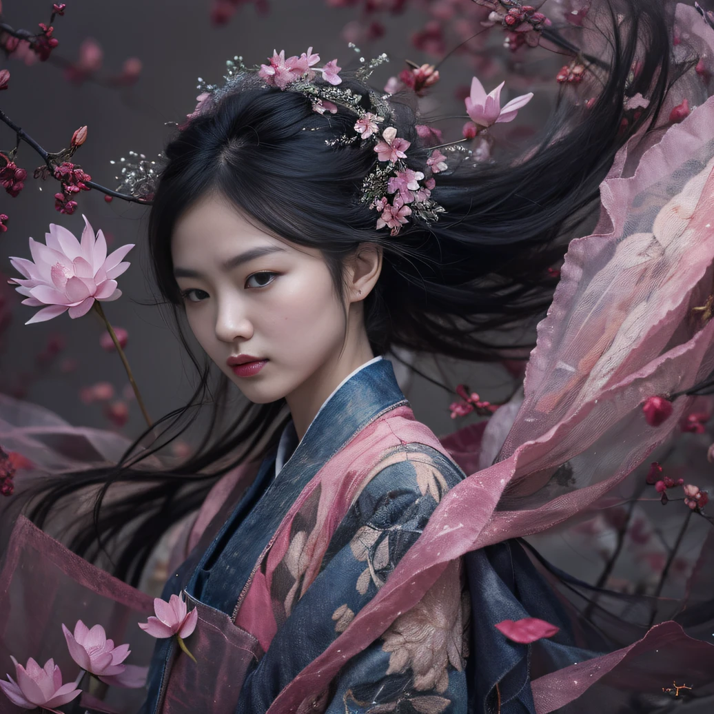 32K（tmasterpiece，k hd，hyper HD，32K）Long flowing black hair，ponds，zydink， a color， Aozhou people （Concubine girl）， （Purple silk scarf）， Combat posture， looking at the ground， long whitr hair， Floating hair， Carp pattern headdress， Chinese long-sleeved clothing， （Abstract gouache splash：1.2）， Pink petal background，Pink and white lotus flowers fly（realisticlying：1.4），Black color hair，Fallen leaves flutter，The background is pure， A high resolution， the detail， RAW photogr， Sharp Re， Nikon D850 Film Stock Photo by Jefferies Lee 4 Kodak Portra 400 Camera F1.6 shots, Rich colors, ultra-realistic vivid textures, Dramatic lighting, Unreal Engine Art Station Trend, cinestir 800，Long flowing black hair，Denim skirt