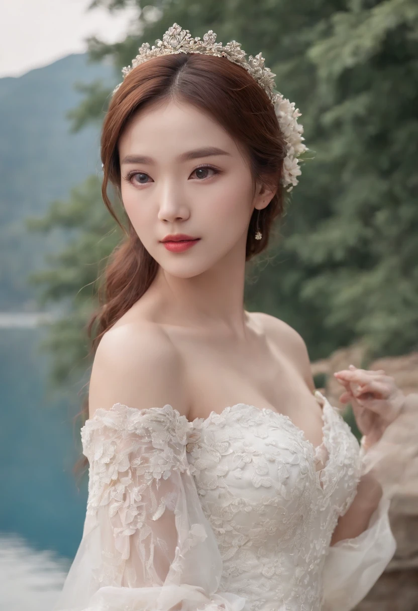 1 beautiful girl,Korean idol, (Realistic:1.3) (full bodyesbian:1.3), standing photo, Stand in front of the blue lake, White wedding dress, Soft dress, Masterpiece, diffused soft lighting, Portrait, Best quality, (Perfect face:1.4), Ultra-realistic Highly detailed, Complex and realistic simulation style photos, Cinematic lighting, studio shoot, Elegant Pose, upper body