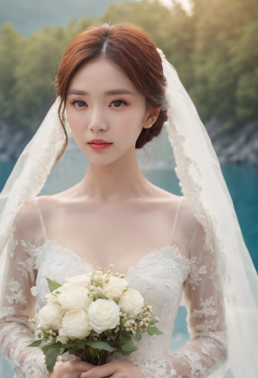1 beautiful girl,Korean idol, (Realistic:1.3) (full bodyesbian:1.3), standing photo, Stand in front of the blue lake, White wedding dress, Soft dress, Masterpiece, diffused soft lighting, Portrait, Best quality, (Perfect face:1.4), Ultra-realistic Highly detailed, Complex and realistic simulation style photos, Cinematic lighting, studio shoot, Elegant Pose, upper body