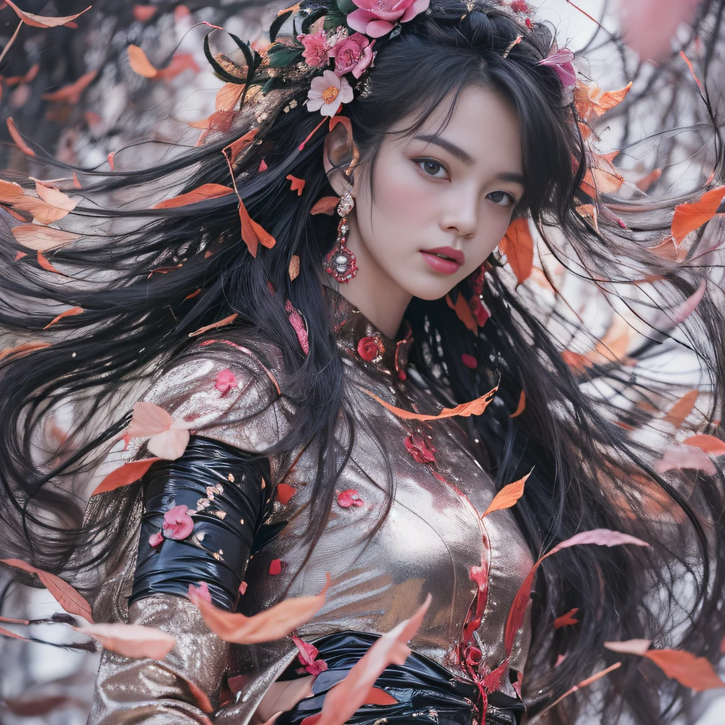 32K（tmasterpiece，k hd，hyper HD，32K）Long flowing black hair，ponds，zydink， a color， Aozhou people （Concubine girl）， （Purple silk scarf）， Combat posture， looking at the ground， long whitr hair， Floating hair， Carp pattern headdress， Chinese long-sleeved clothing， （Abstract gouache splash：1.2）， Pink petal background，Pink and white lotus flowers fly（realisticlying：1.4），Black color hair，Fallen leaves flutter，The background is pure， A high resolution， the detail， RAW photogr， Sharp Re， Nikon D850 Film Stock Photo by Jefferies Lee 4 Kodak Portra 400 Camera F1.6 shots, Rich colors, ultra-realistic vivid textures, Dramatic lighting, Unreal Engine Art Station Trend, cinestir 800，Long flowing black hair，Denim skirt